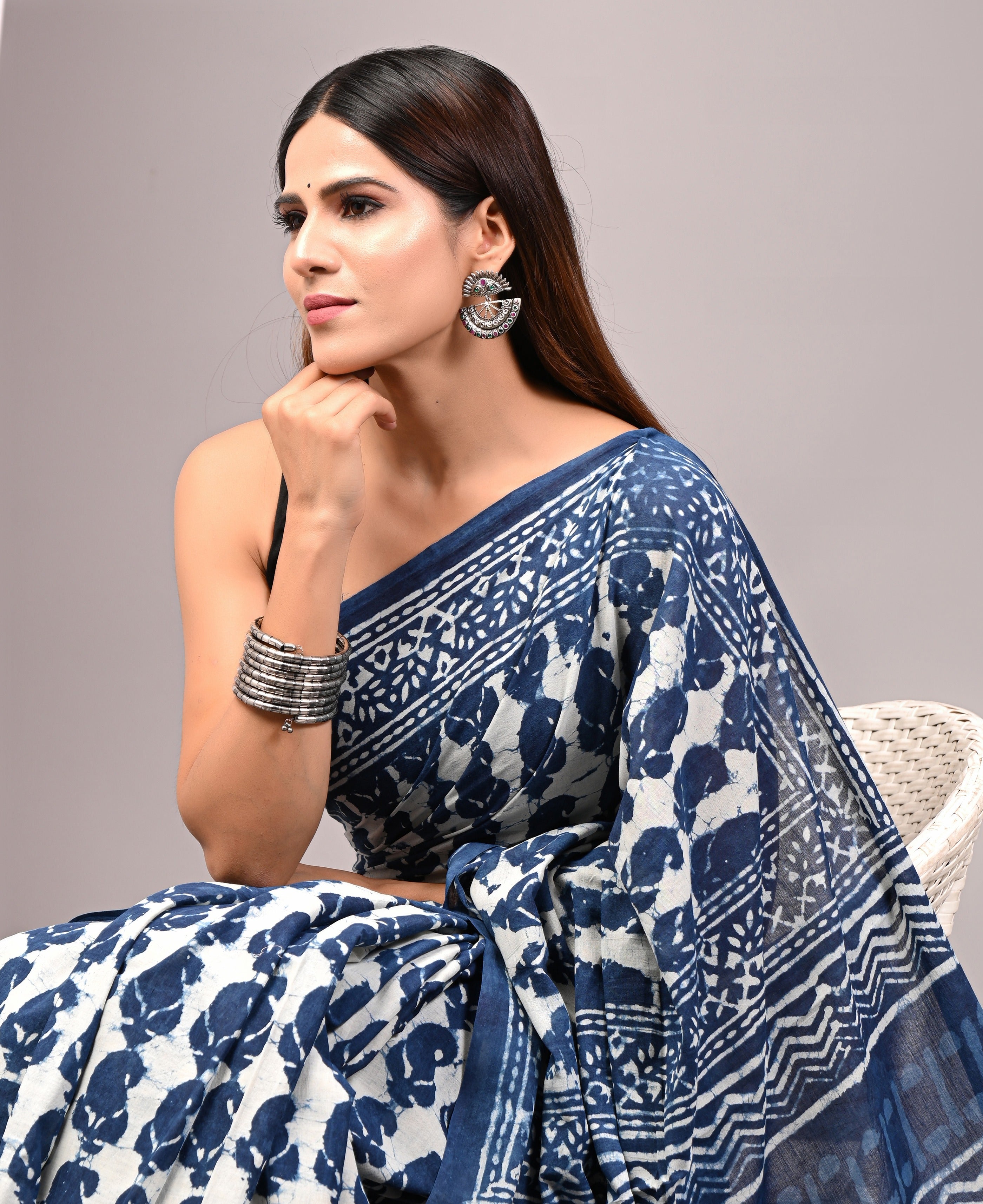Indigo Blue Pure Cotton Hand-Printed Saree
