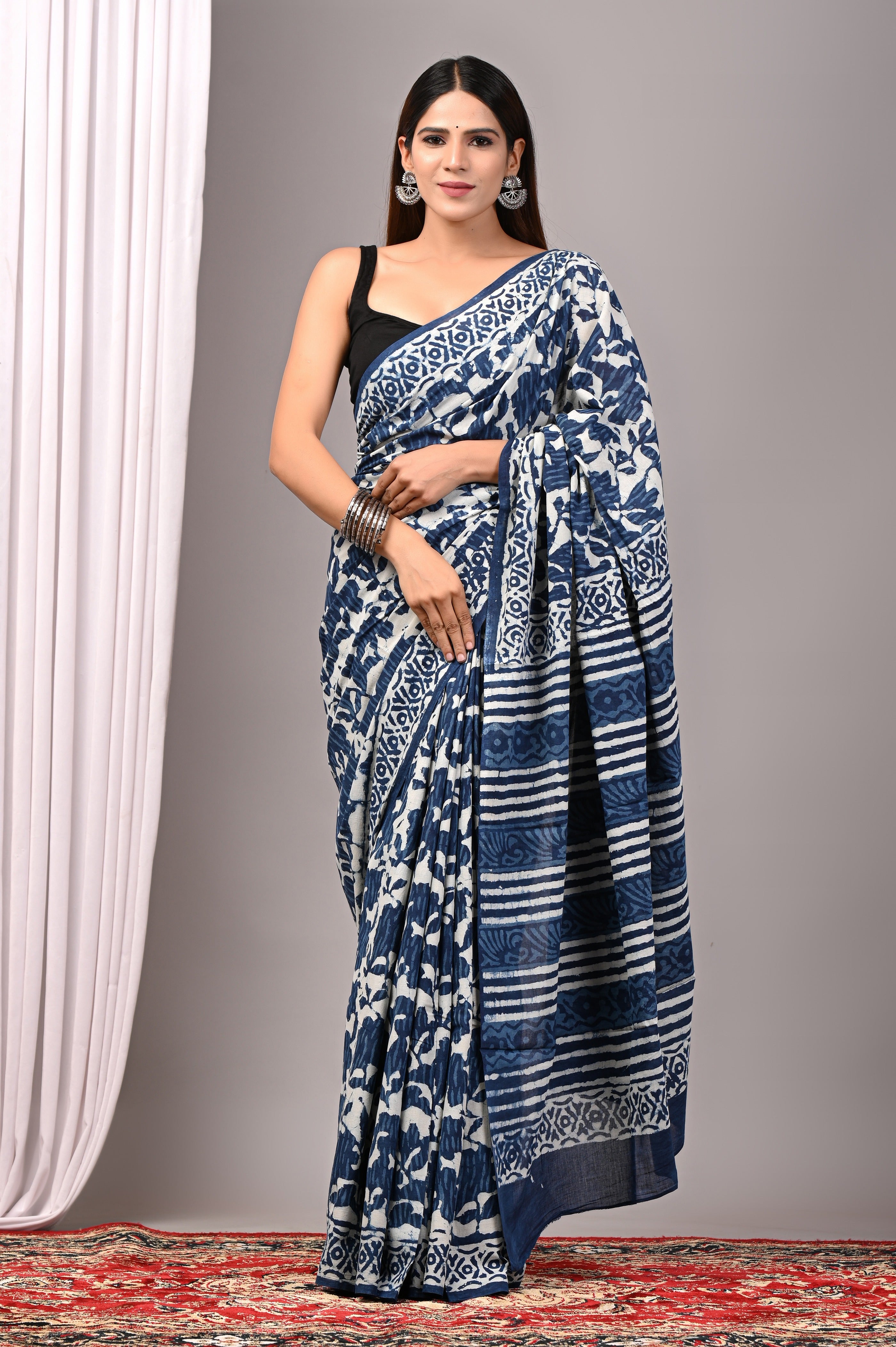 Hand Printed Indigo Blue Cotton Saree