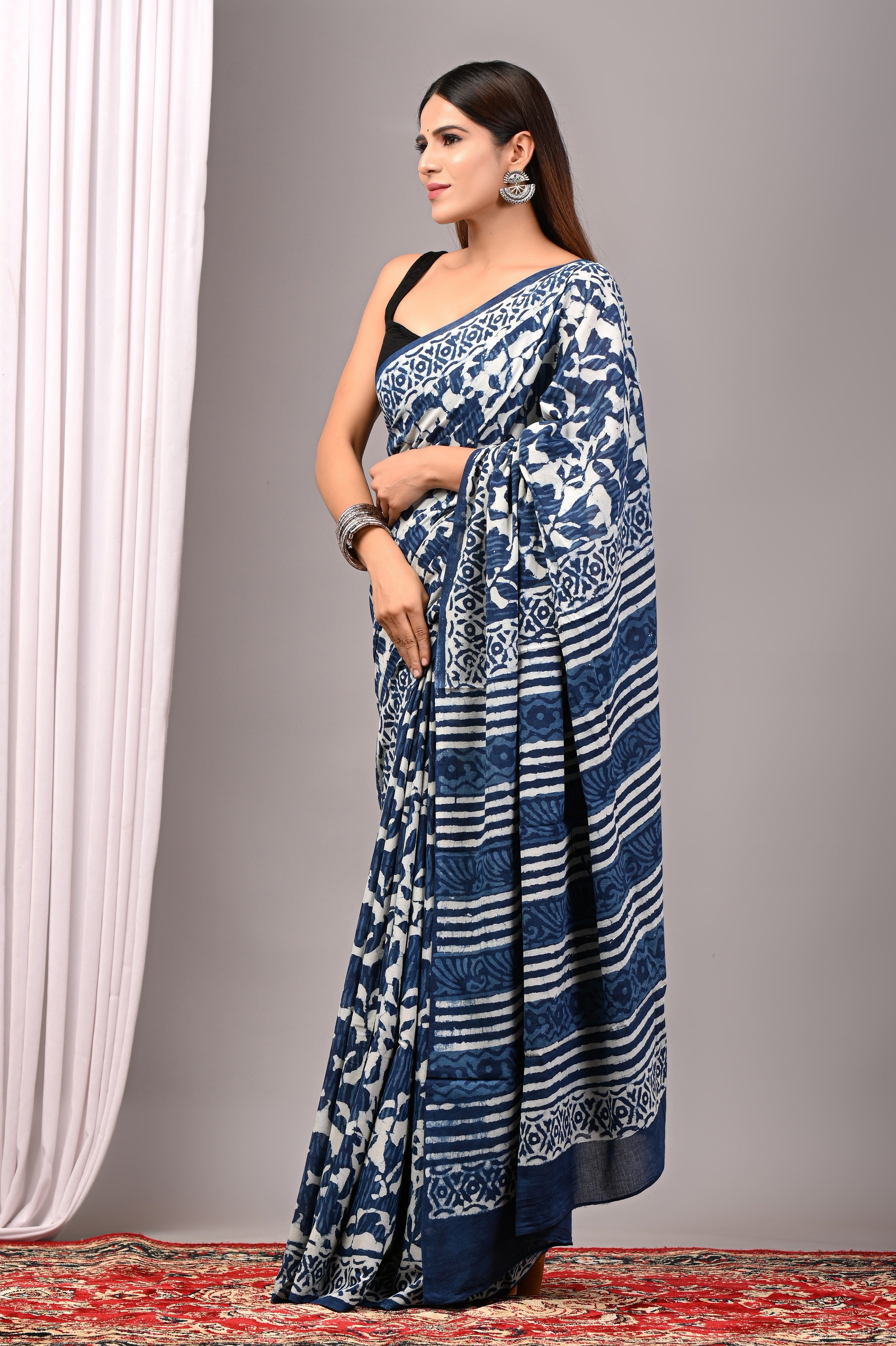 Hand Printed Indigo Blue Cotton Saree