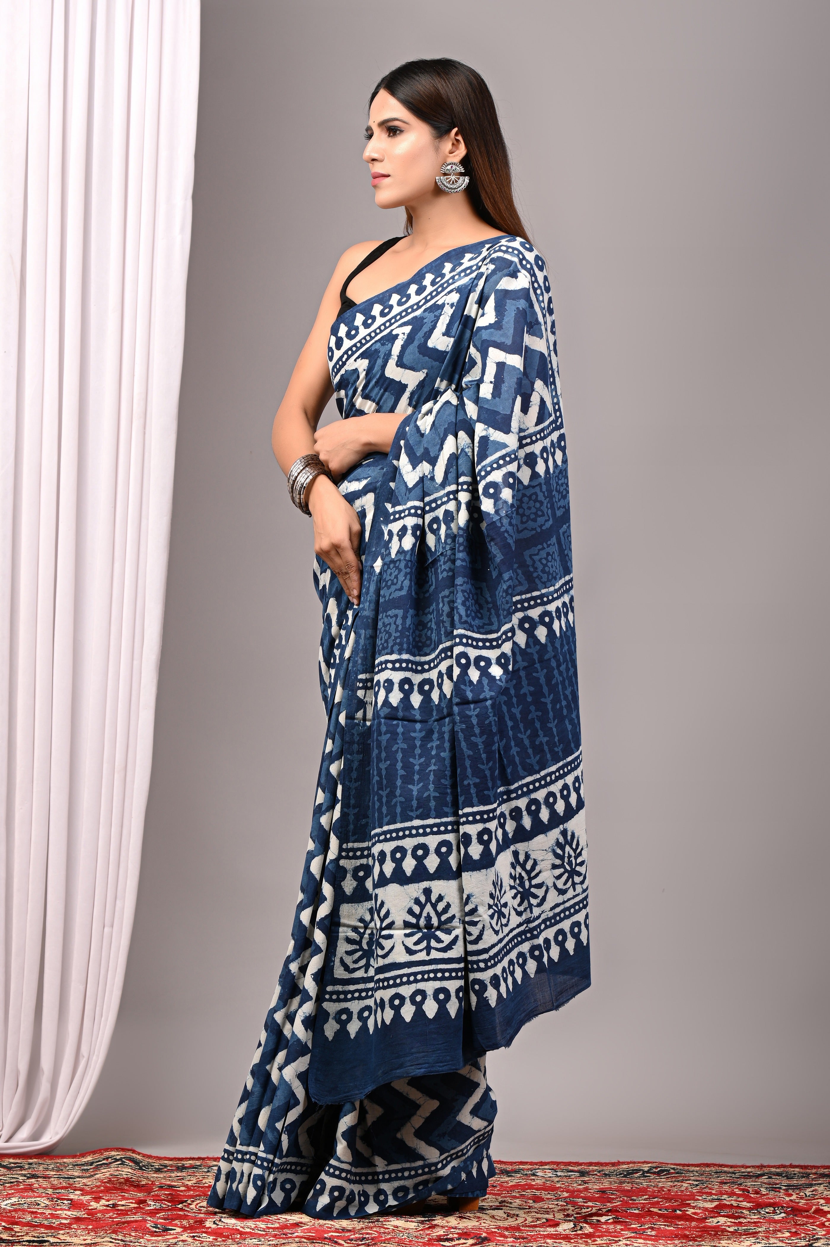 Indigo Blue Hand Printed Cotton Saree