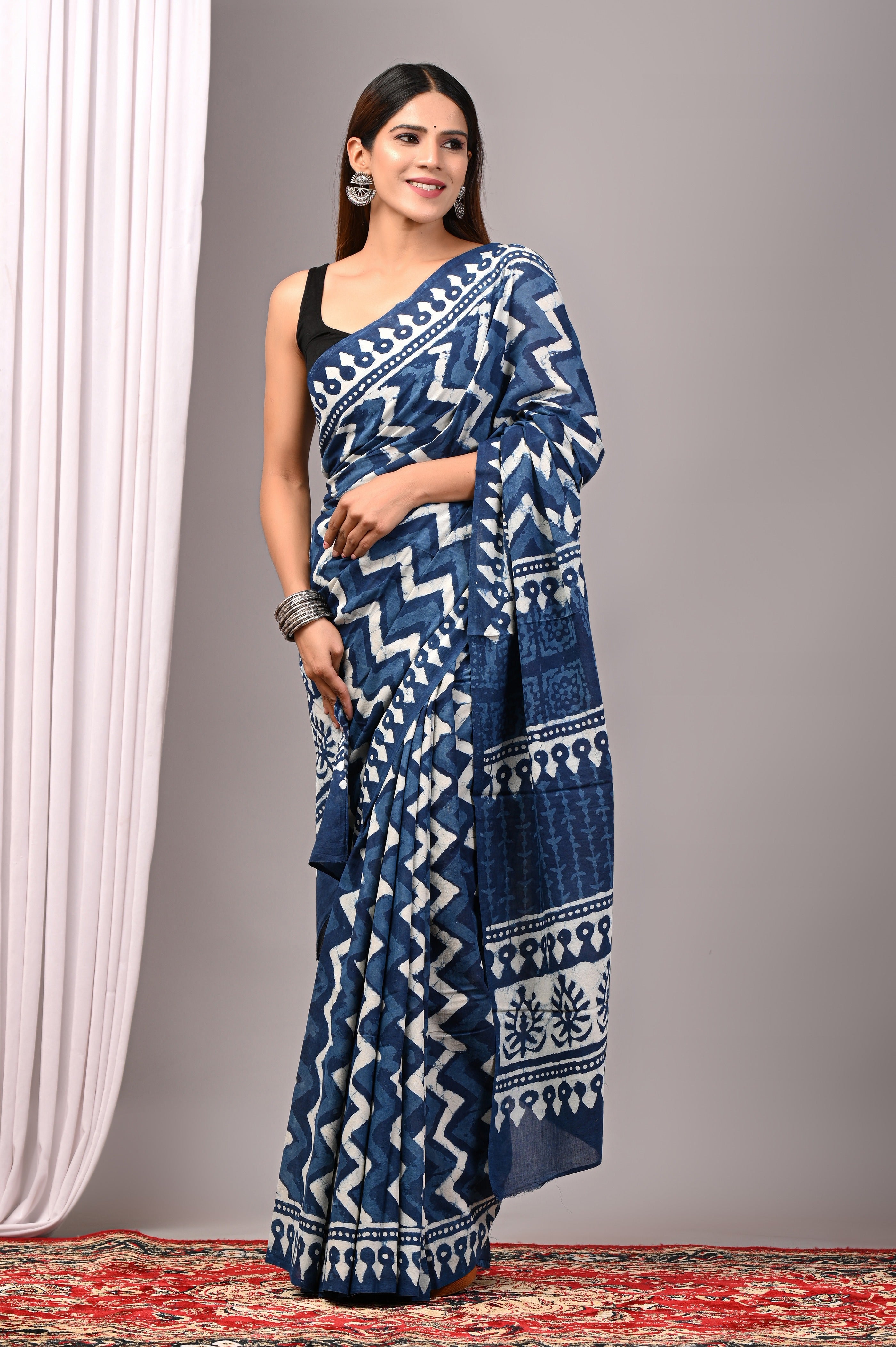 Indigo Blue Hand Printed Cotton Saree