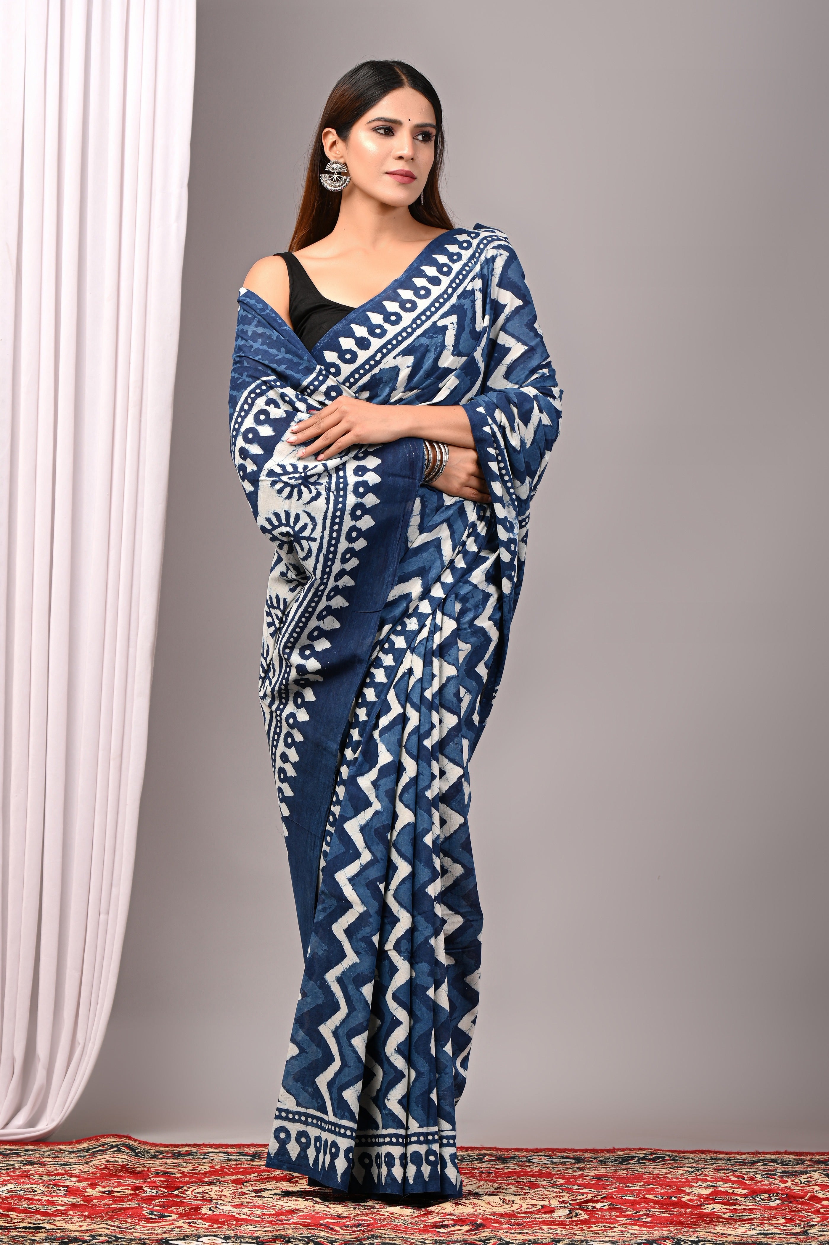 Indigo Blue Hand Printed Cotton Saree