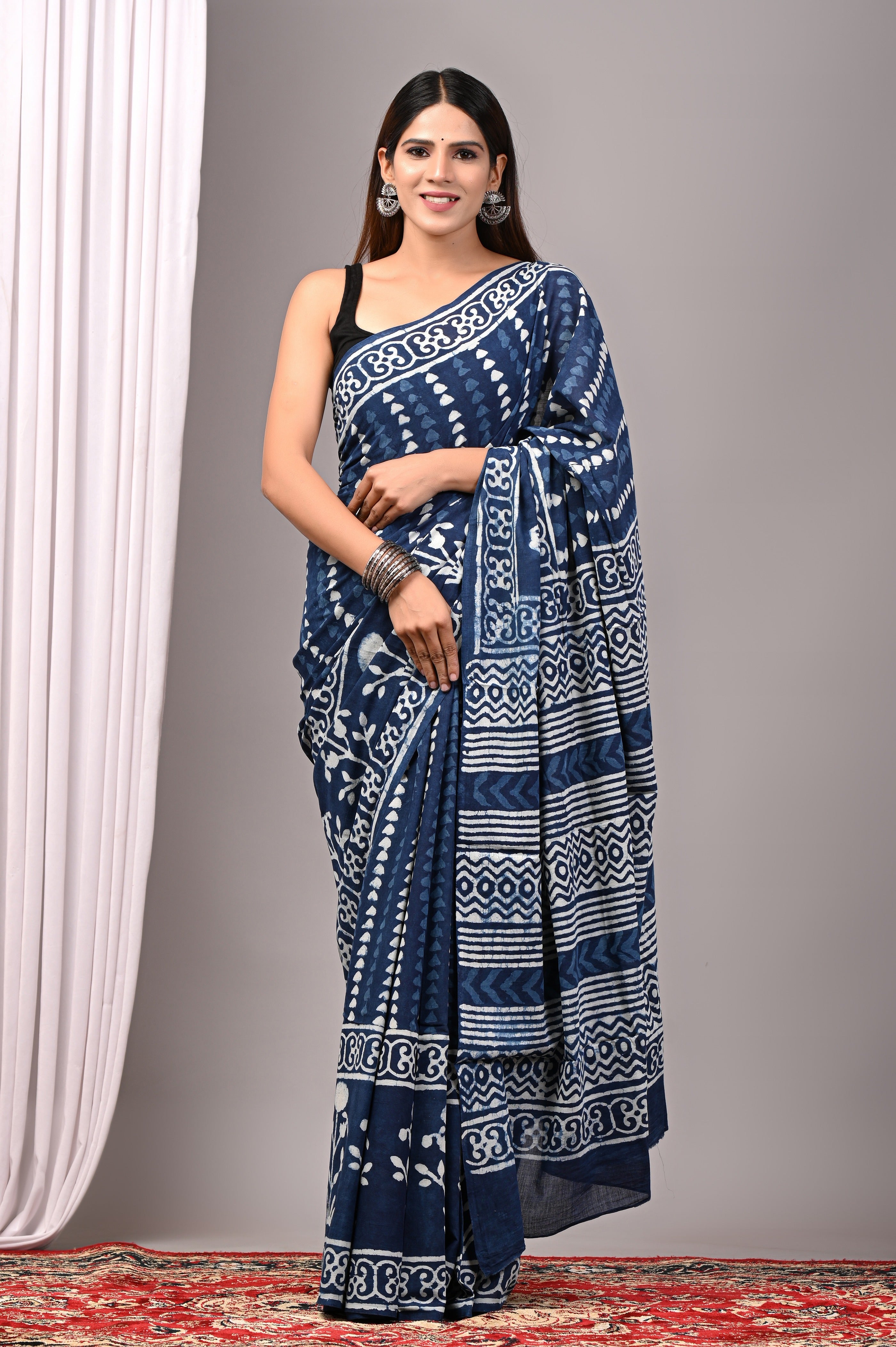 Indigo Blue Hand Printed Cotton Saree