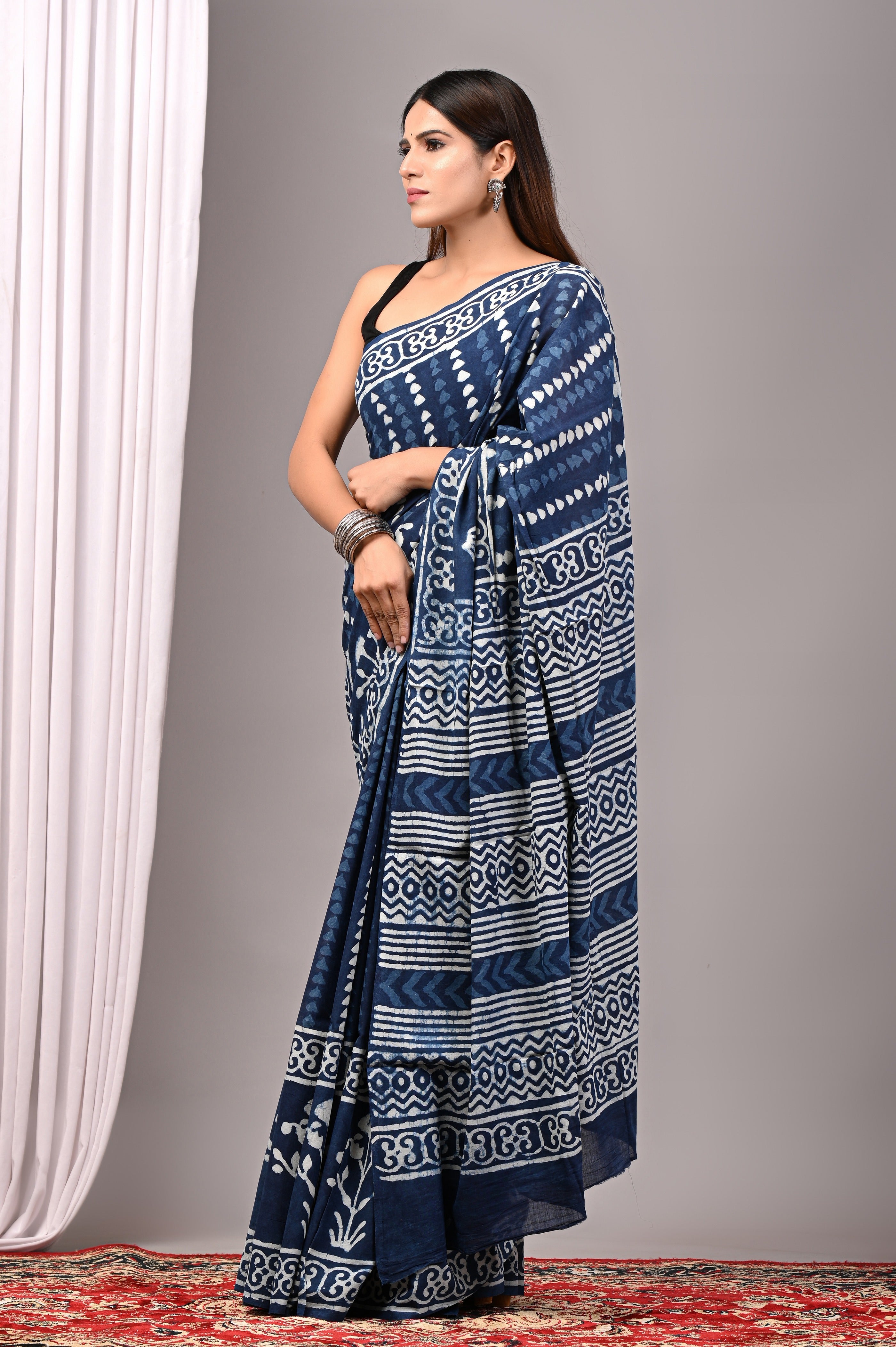 Indigo Blue Hand Printed Cotton Saree