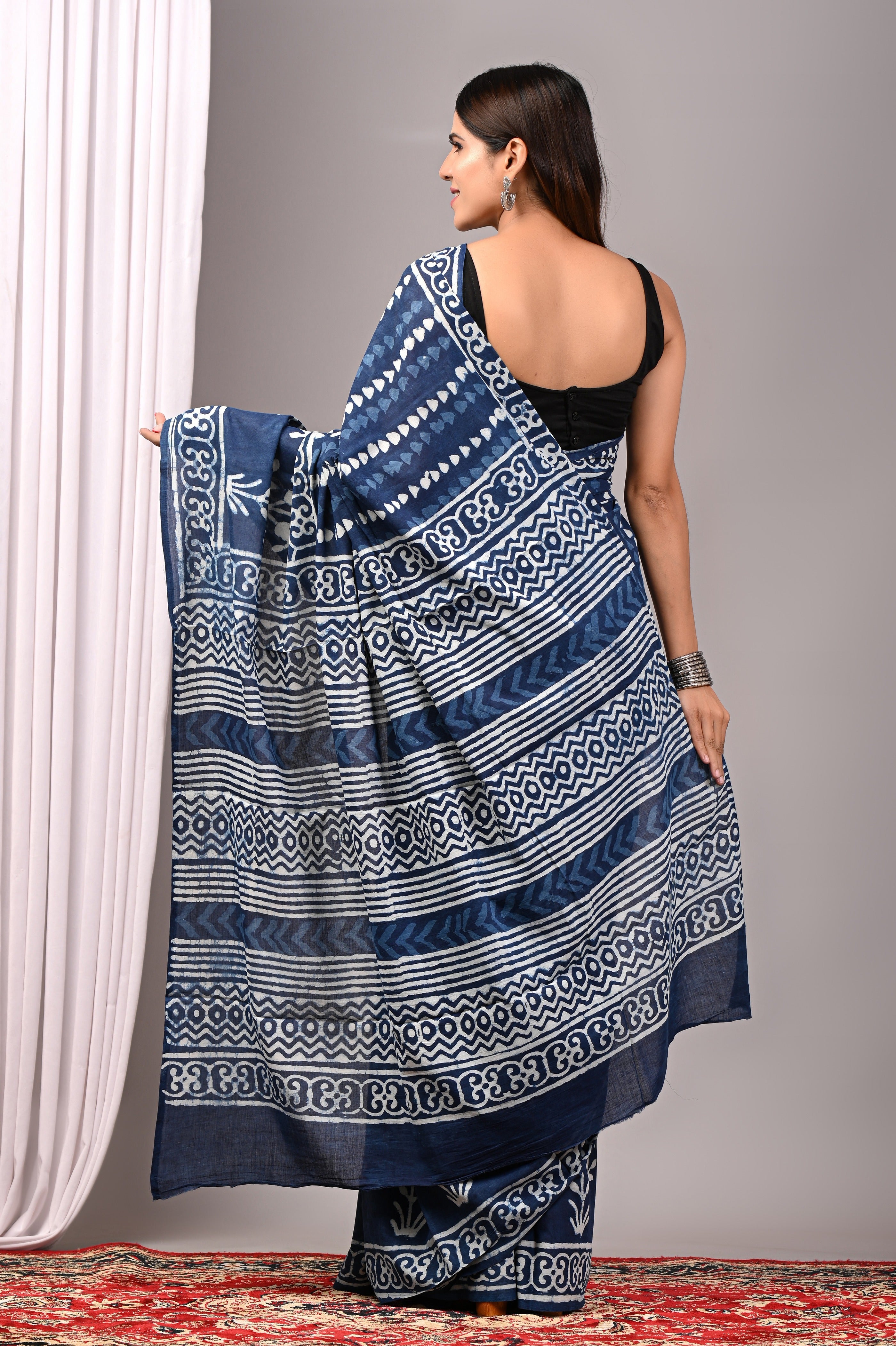 Indigo Blue Hand Printed Cotton Saree