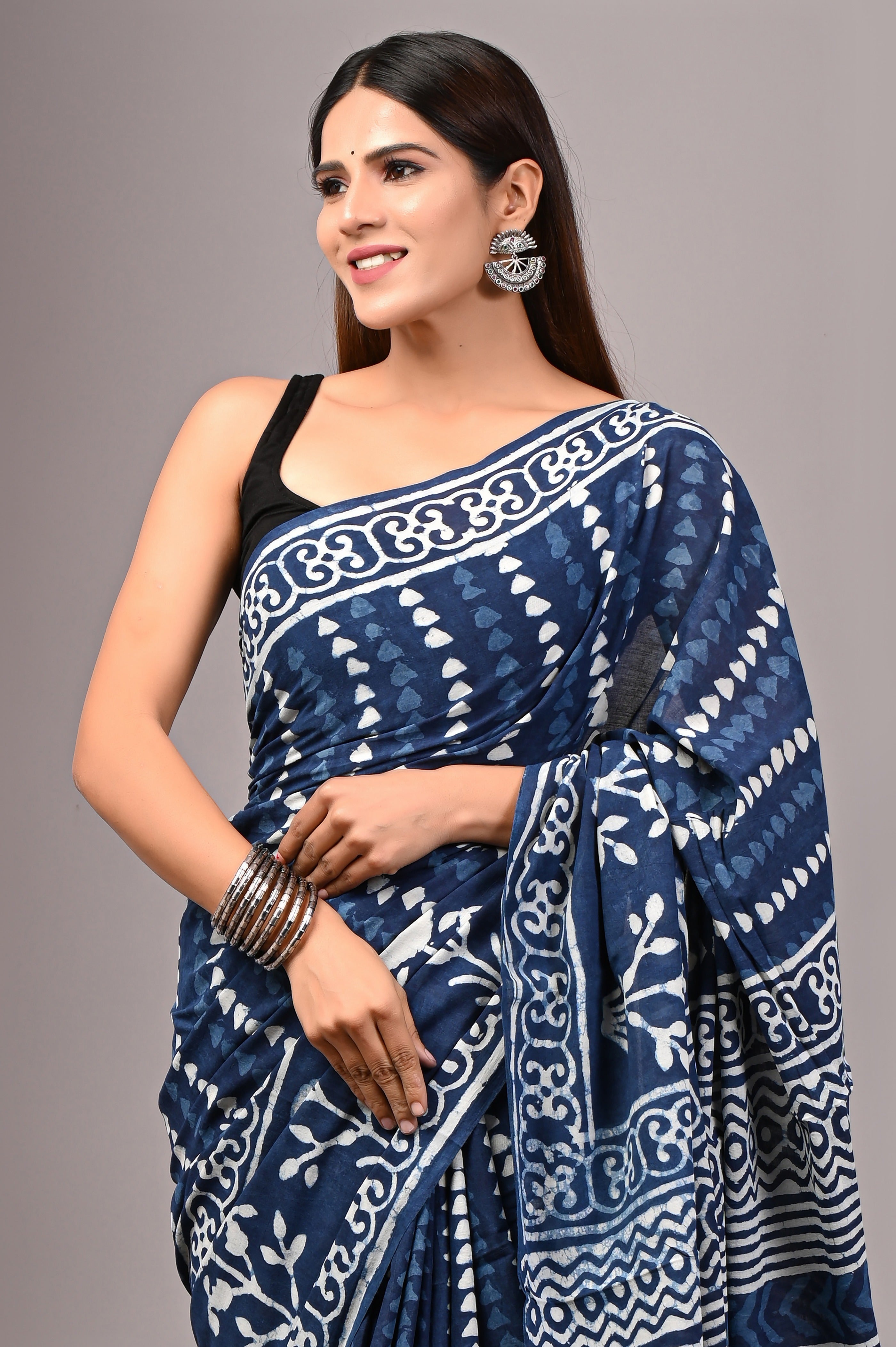 Indigo Blue Hand Printed Cotton Saree
