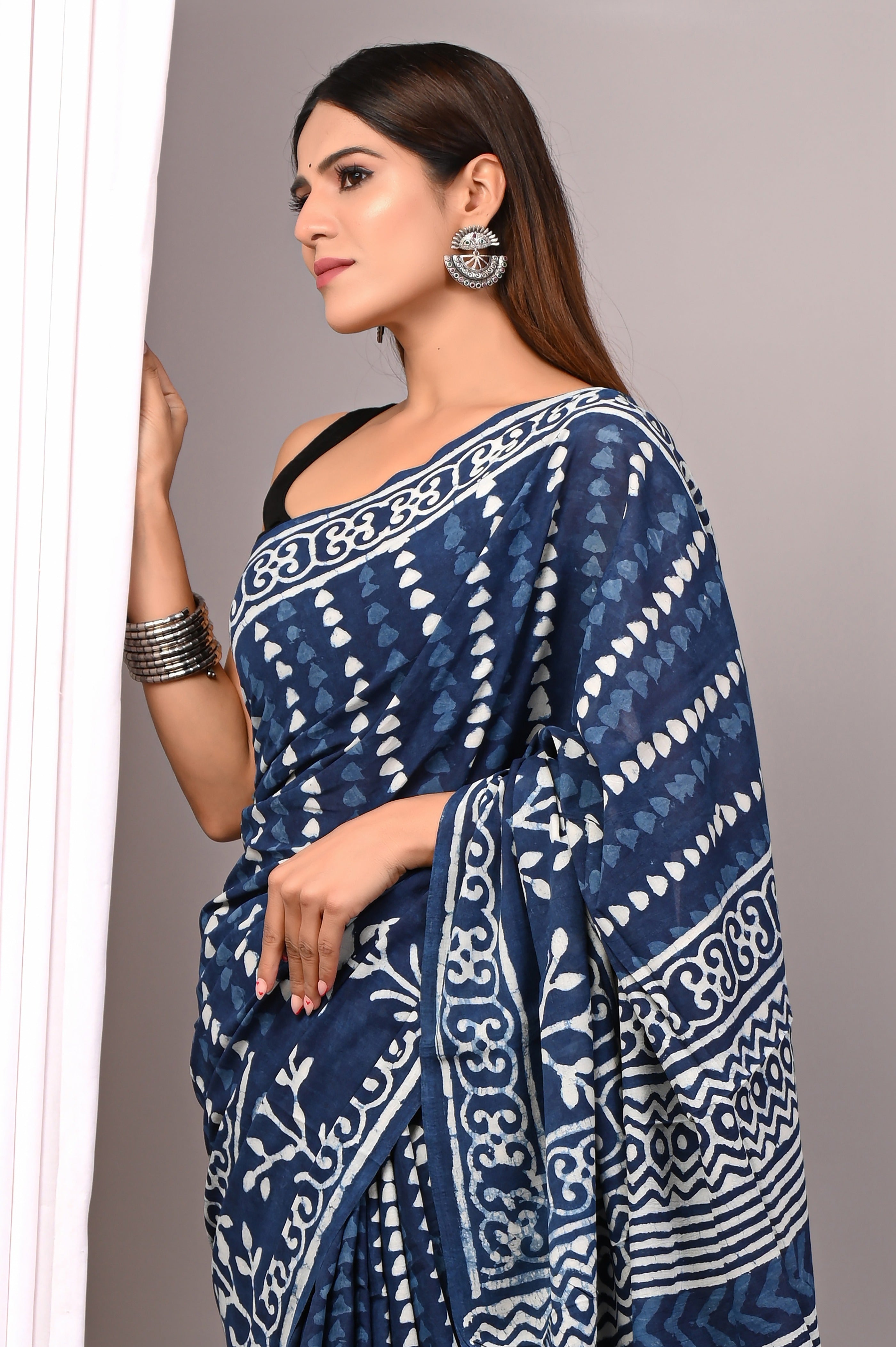 Indigo Blue Hand Printed Cotton Saree