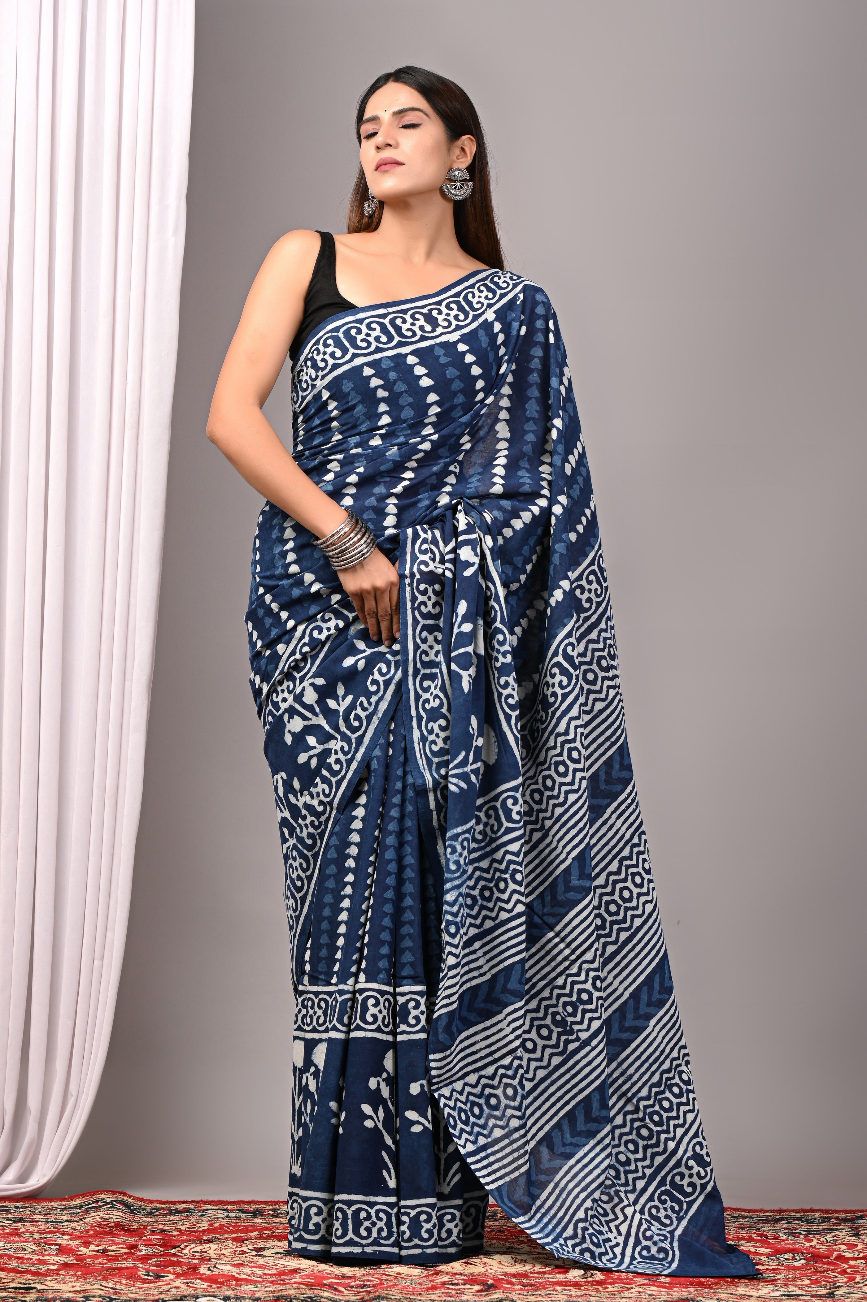 Indigo Blue Hand Printed Cotton Saree