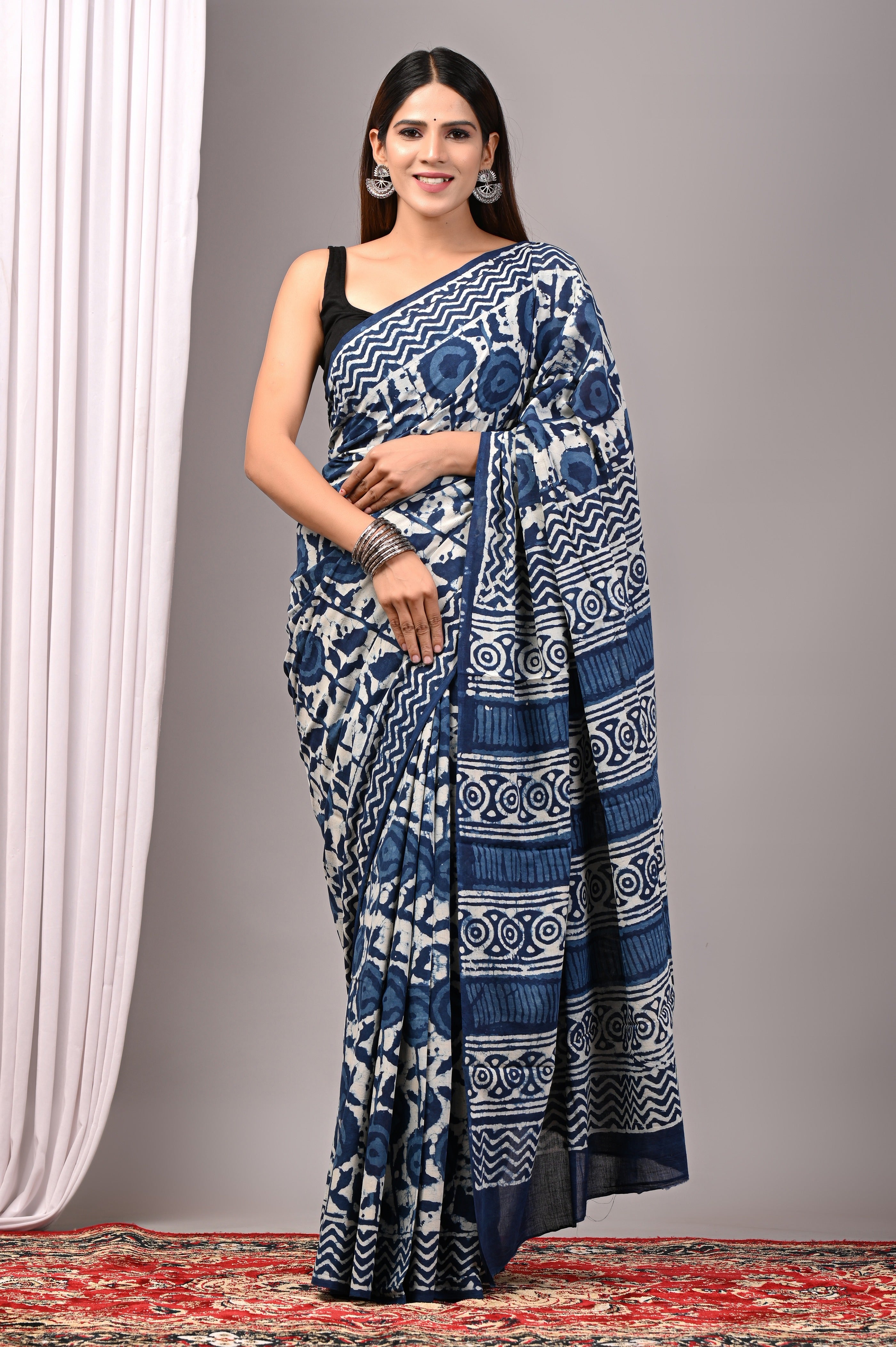 Indigo Blue Hand Printed Cotton Saree