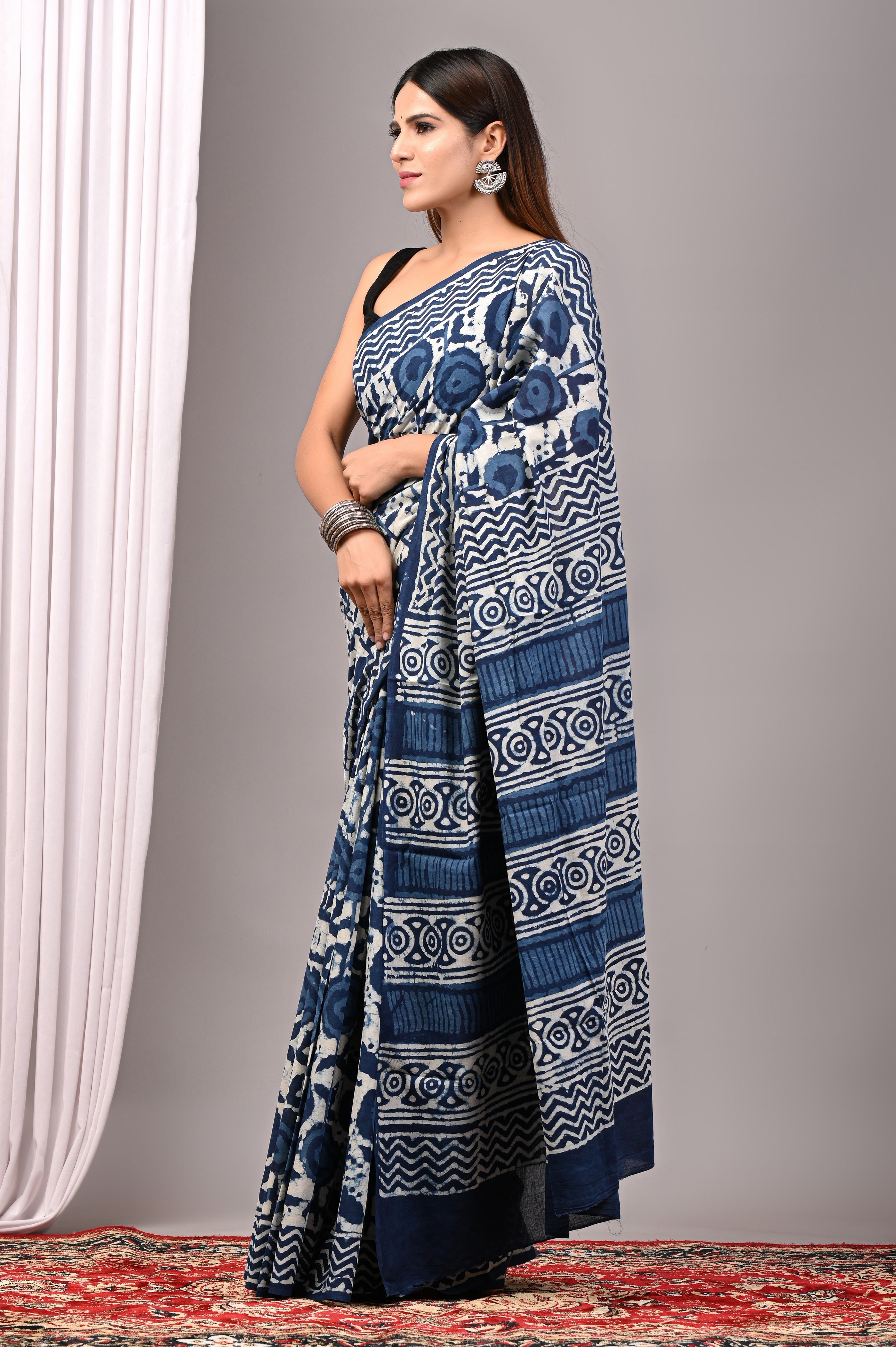 Indigo Blue Hand Printed Cotton Saree