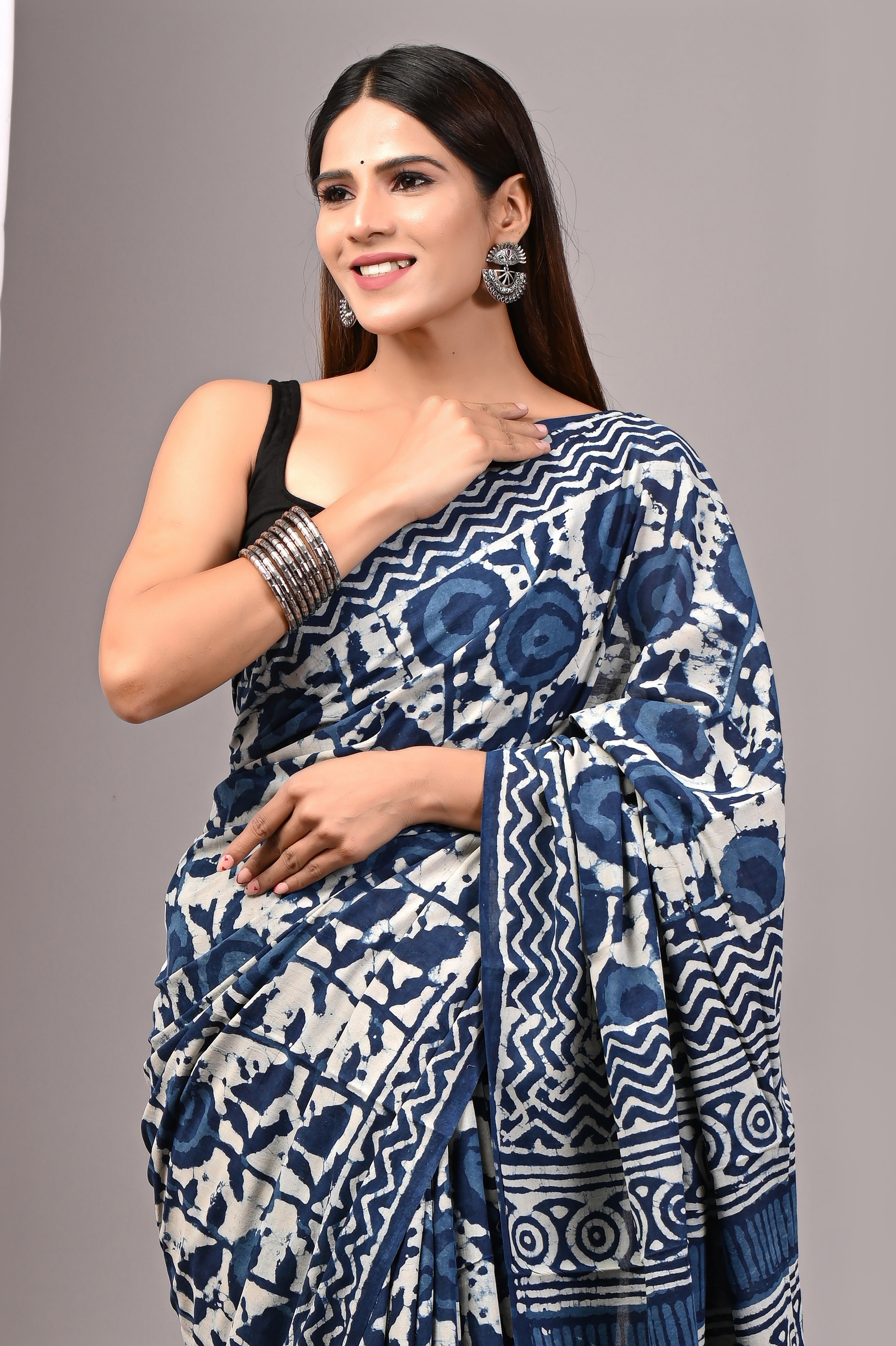 Indigo Blue Hand Printed Cotton Saree