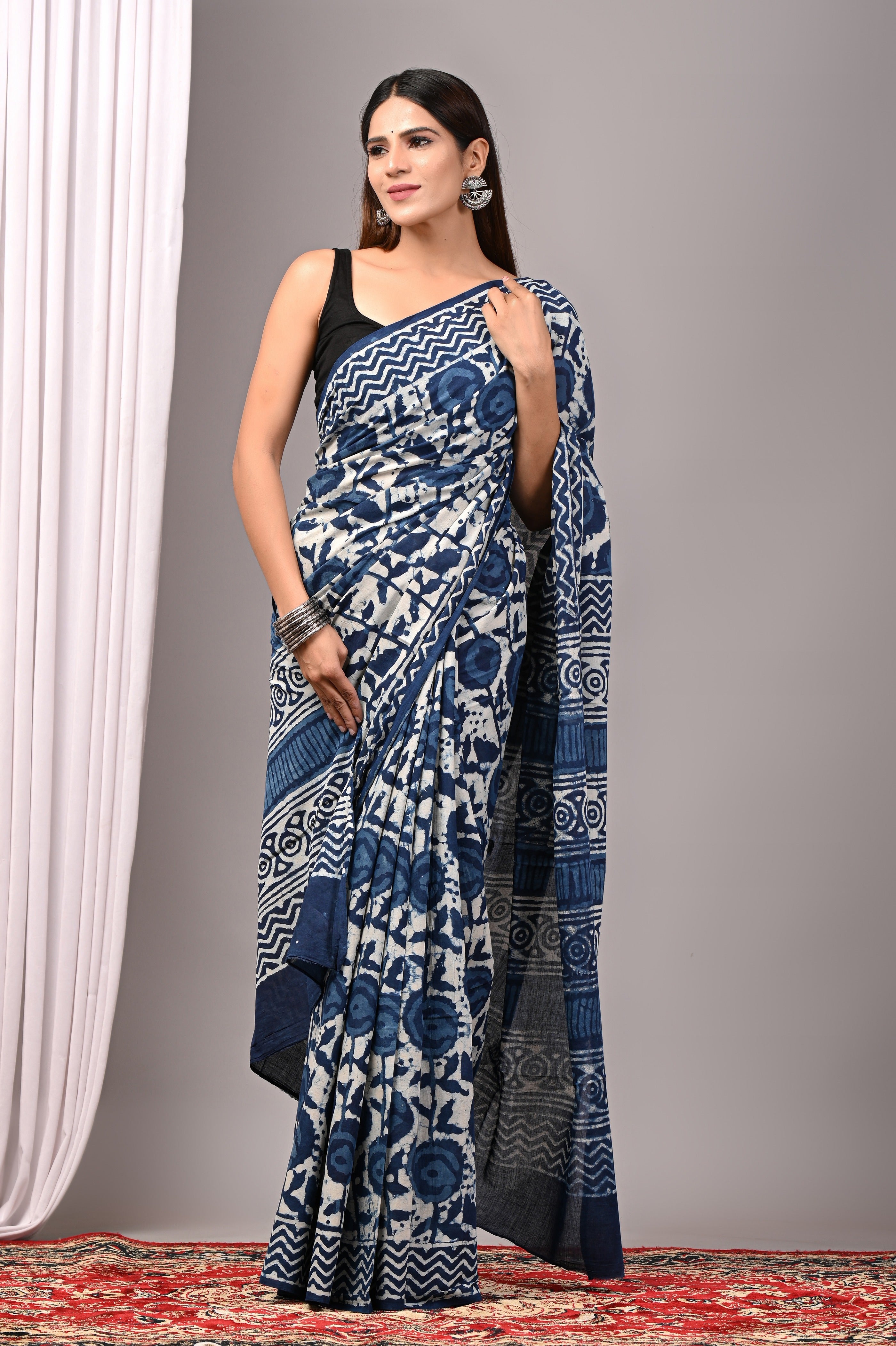 Indigo Blue Hand Printed Cotton Saree
