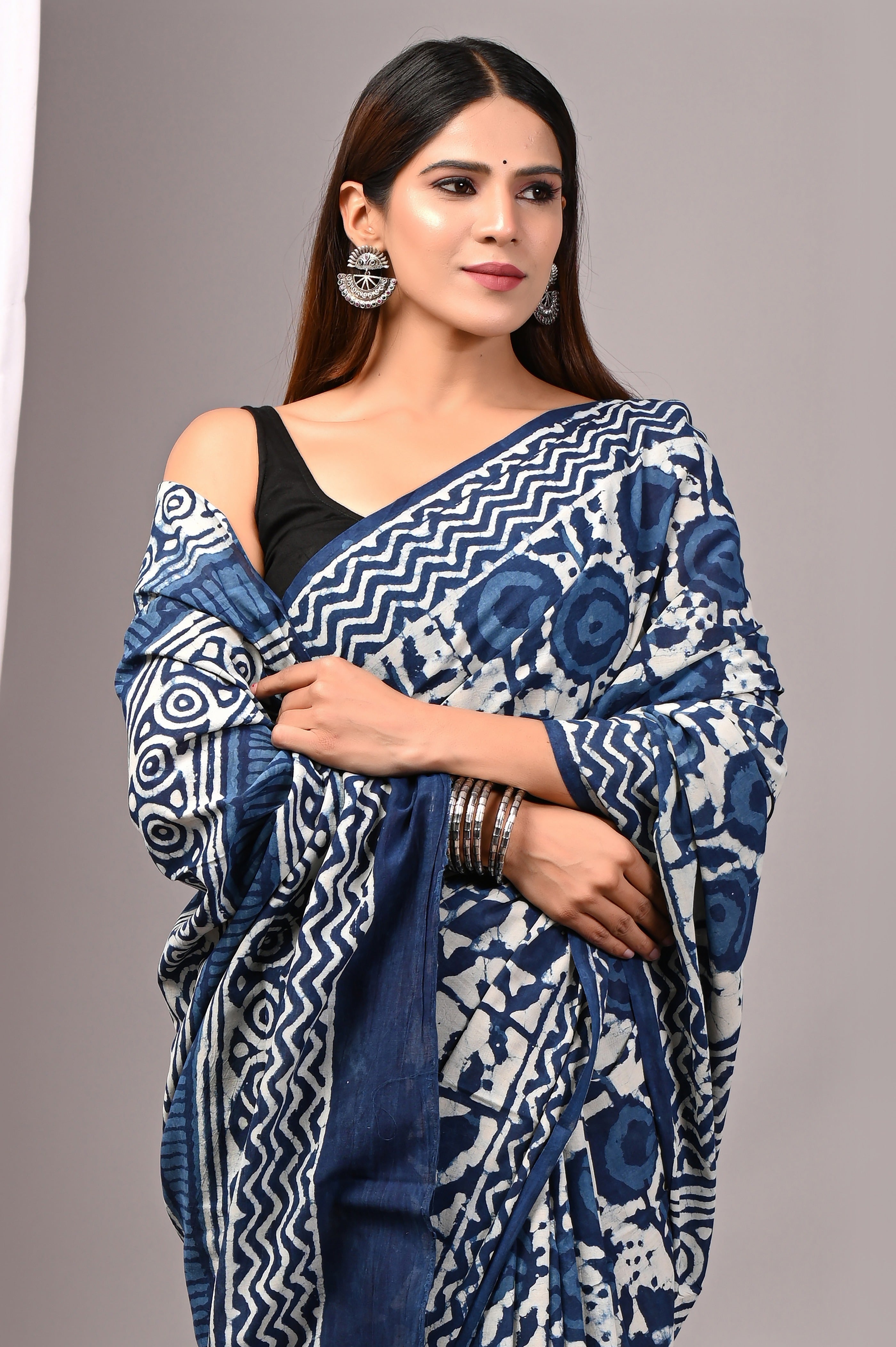 Indigo Blue Hand Printed Cotton Saree