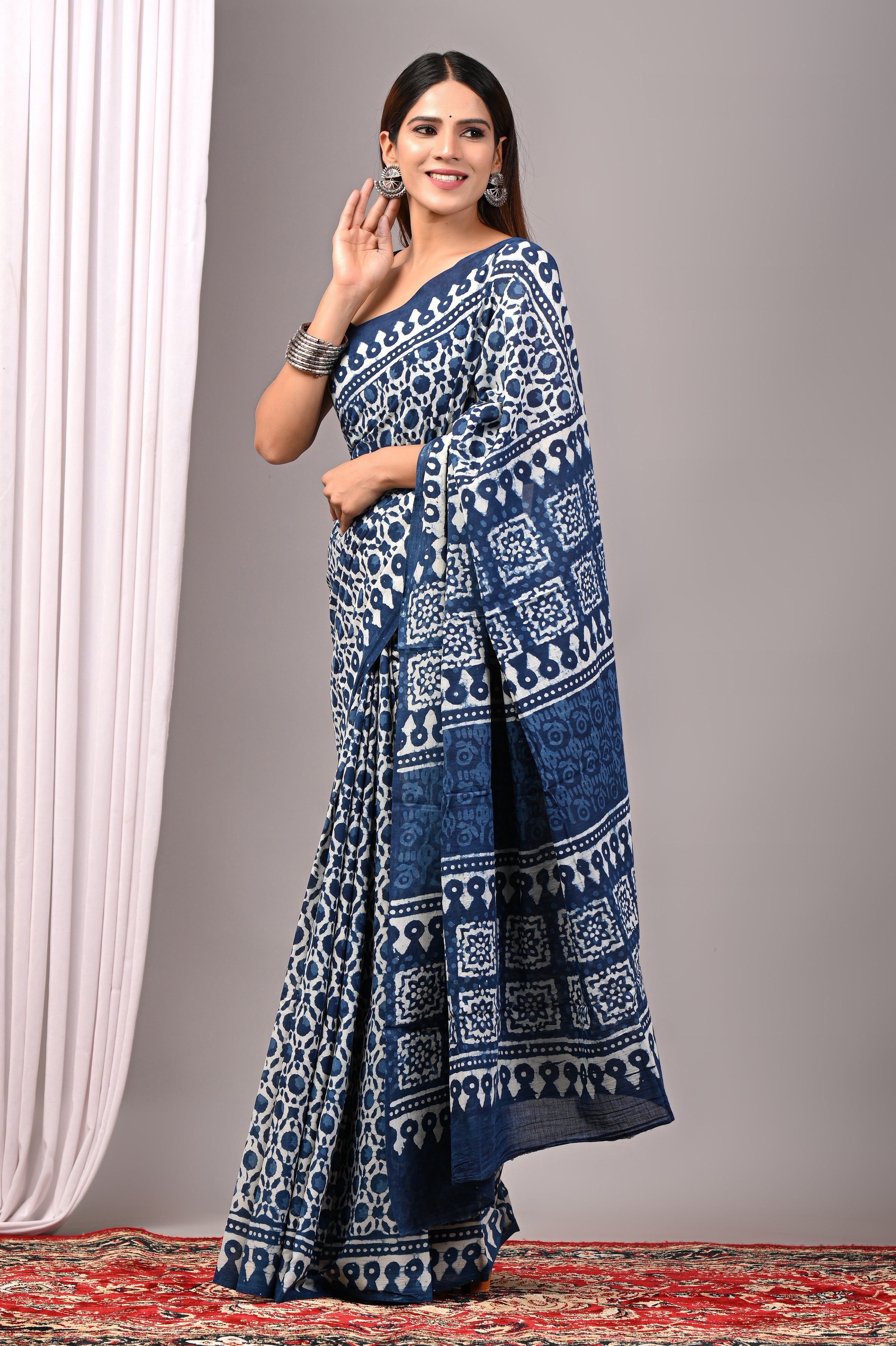 Indigo Blue Hand Printed Cotton Saree