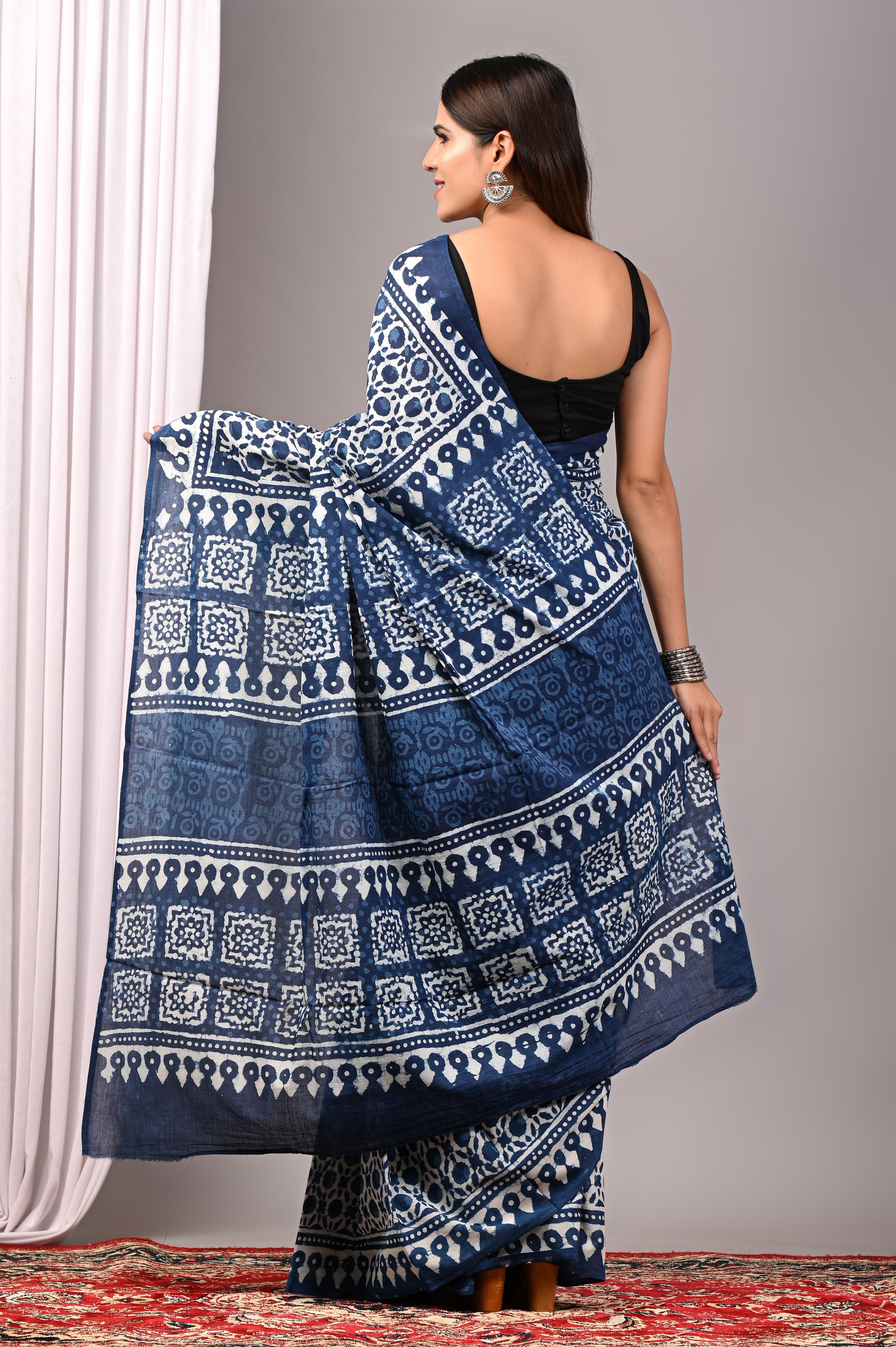 Indigo Blue Hand Printed Cotton Saree