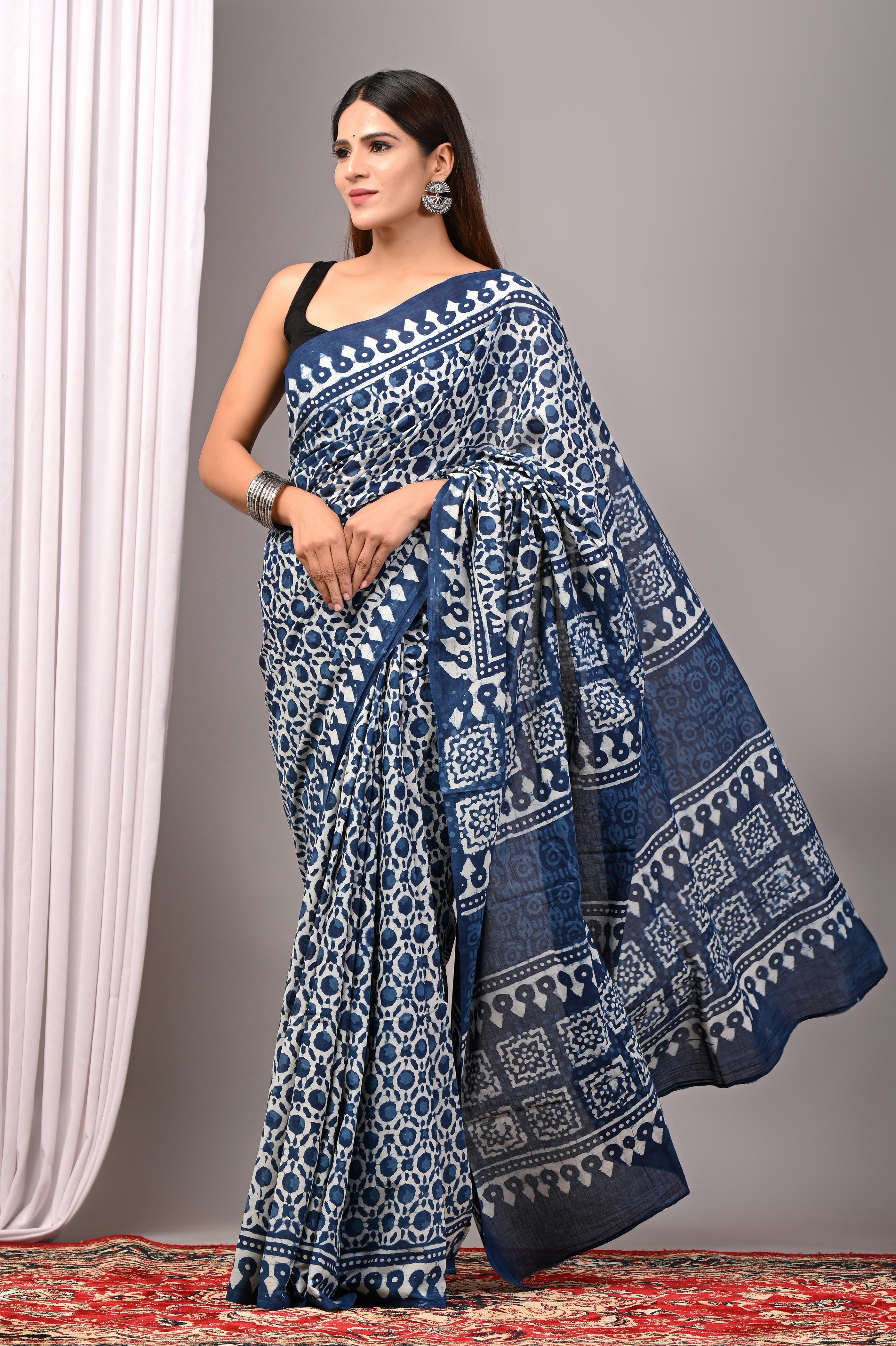 Indigo Blue Hand Printed Cotton Saree