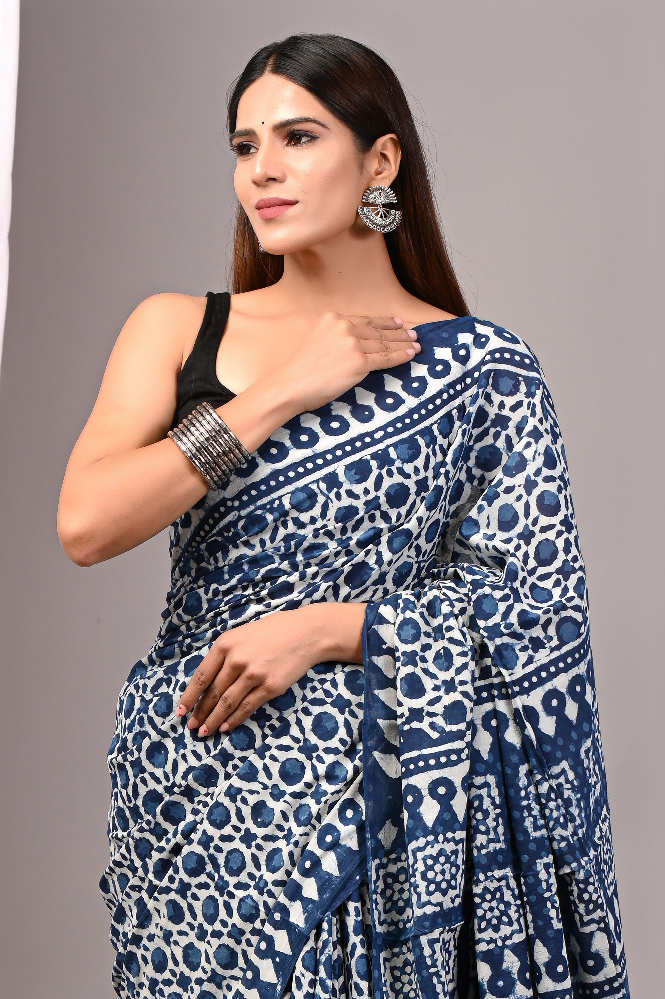 Indigo Blue Hand Printed Cotton Saree