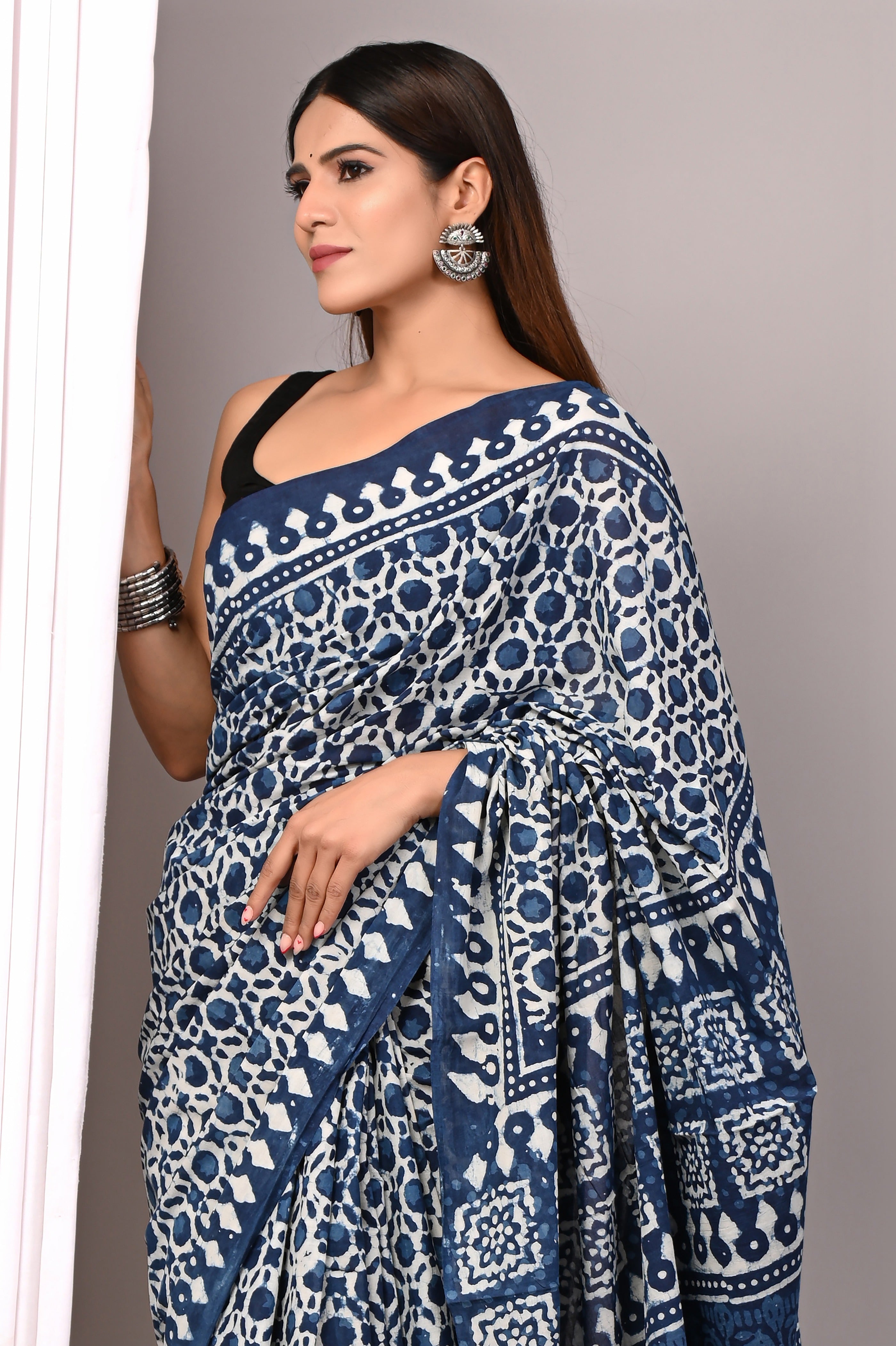 Indigo Blue Hand Printed Cotton Saree