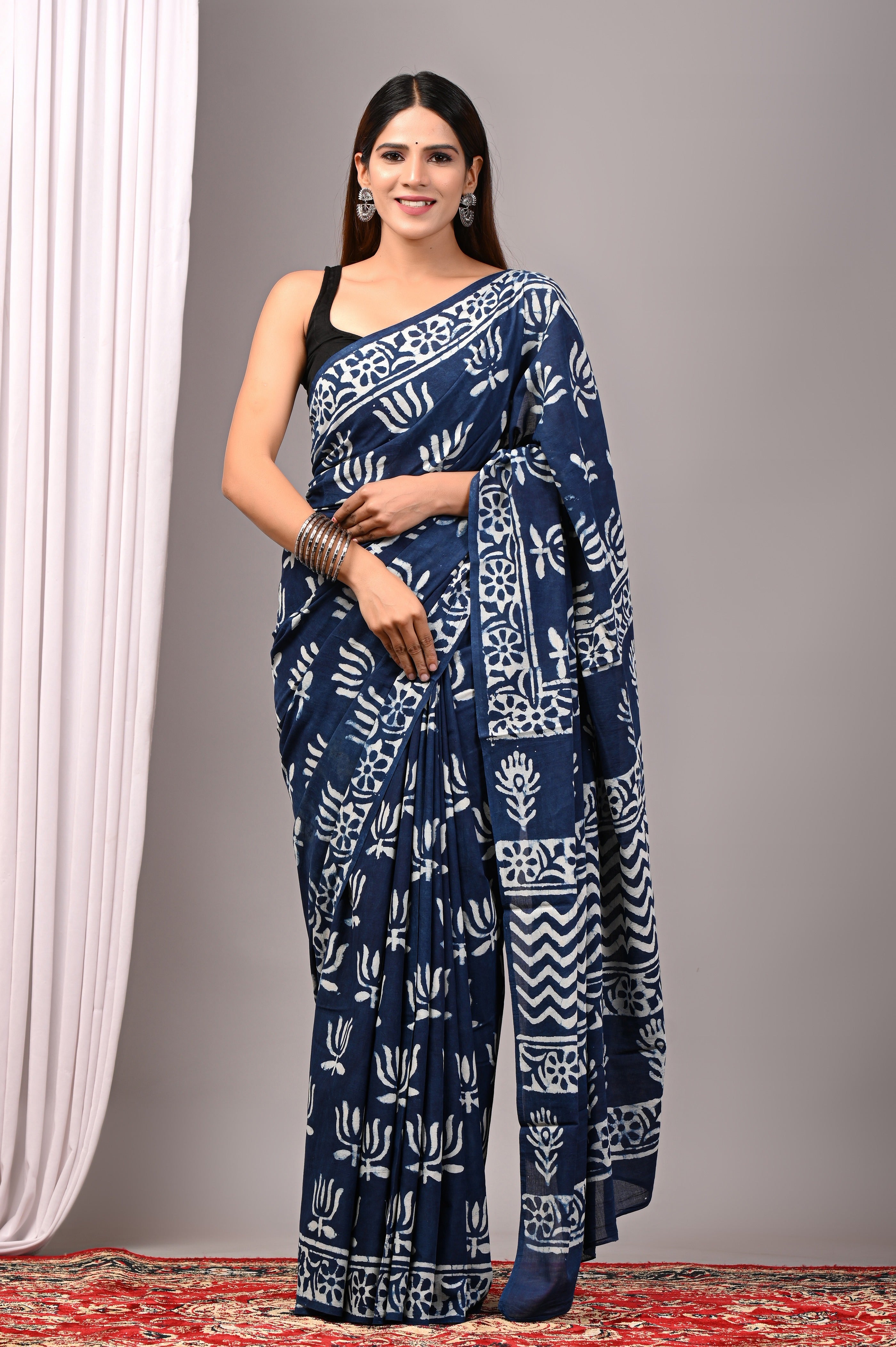 Indigo Blue Hand Printed Cotton Saree
