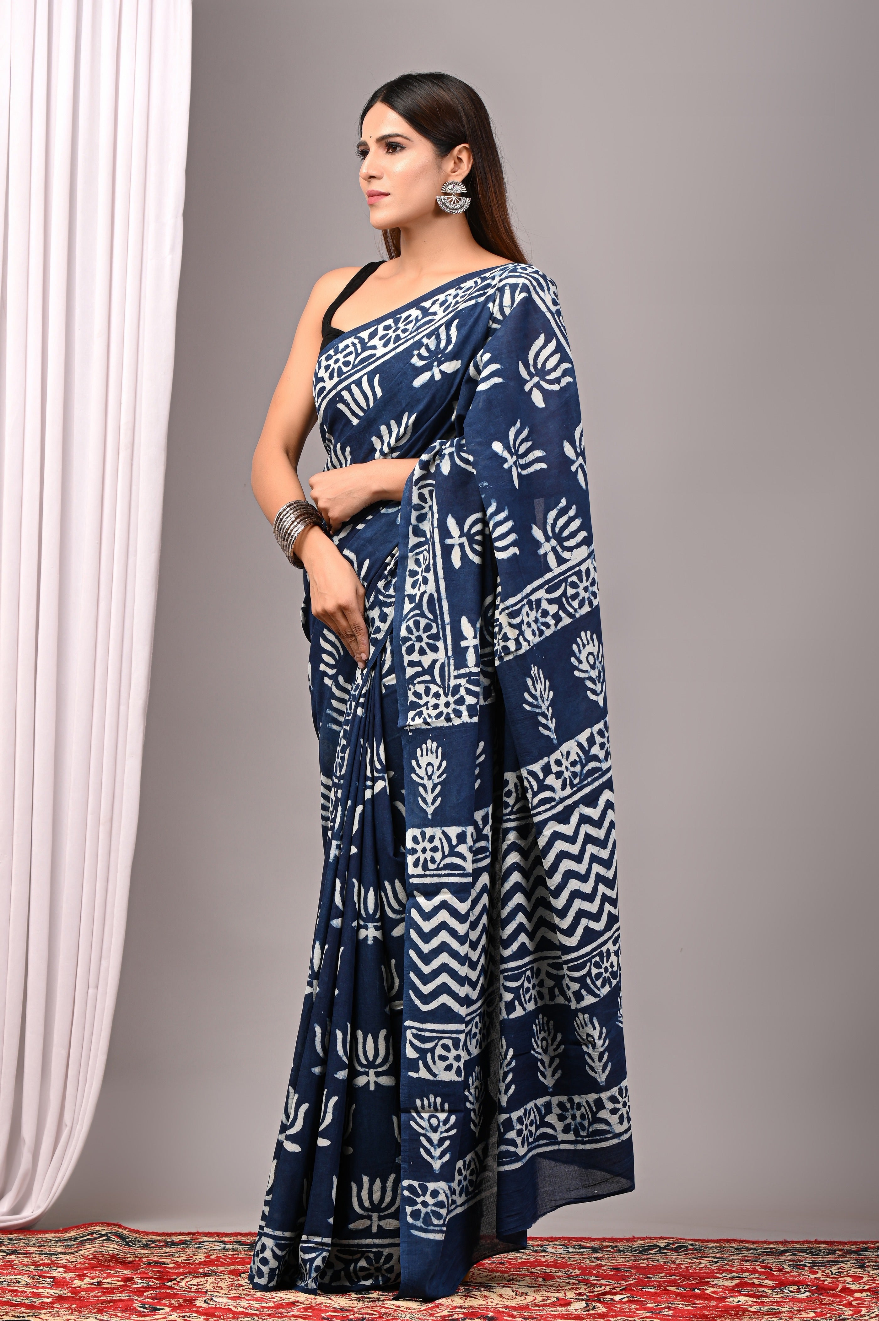 Indigo Blue Hand Printed Cotton Saree