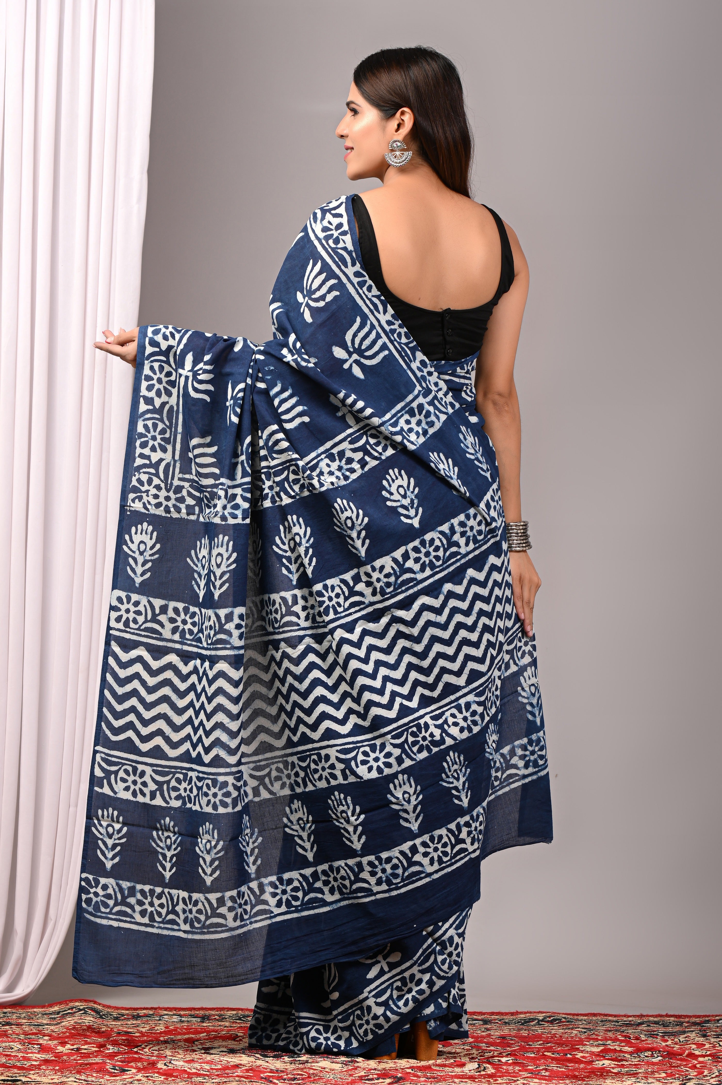 Indigo Blue Hand Printed Cotton Saree