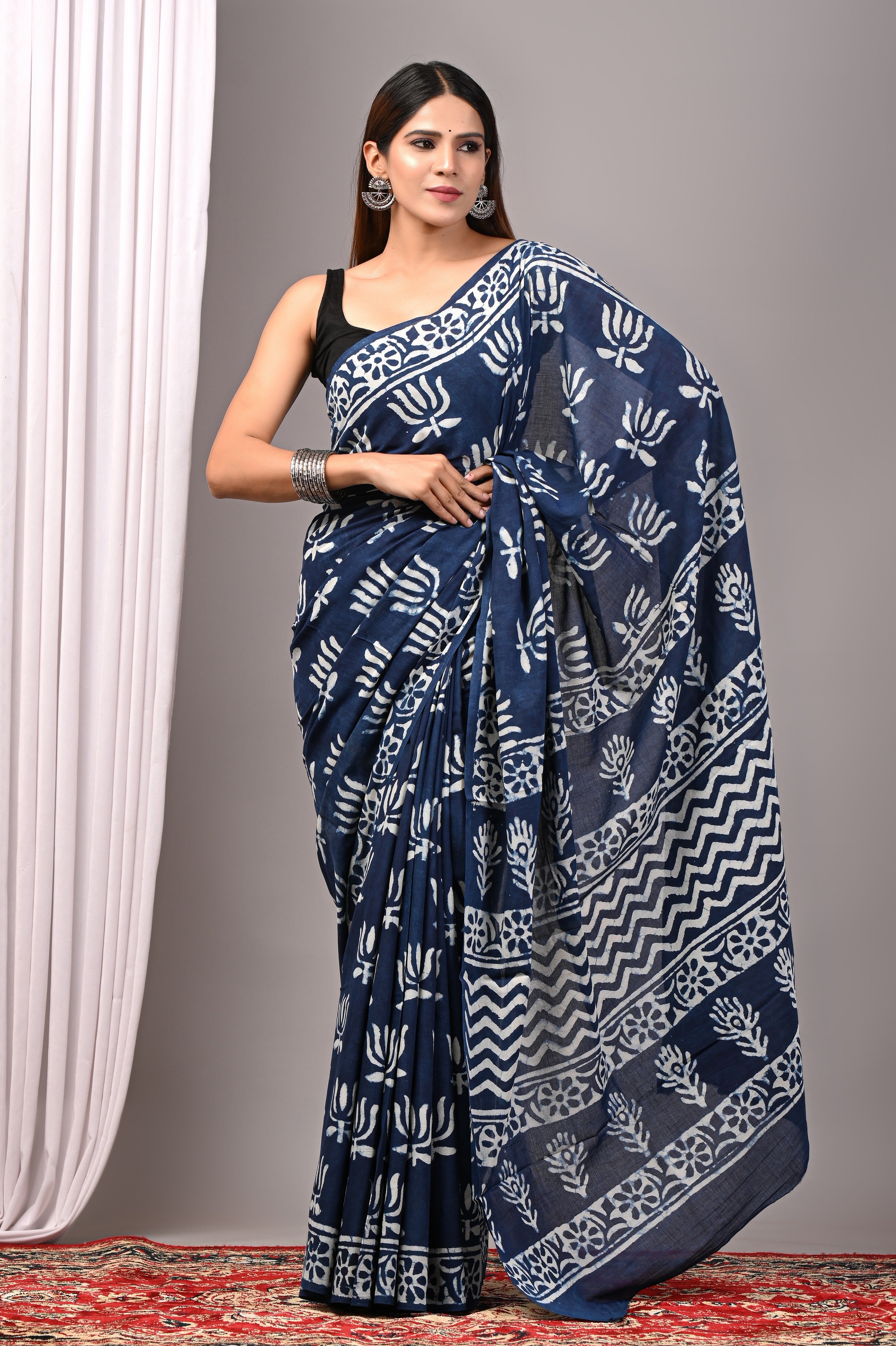 Indigo Blue Hand Printed Cotton Saree