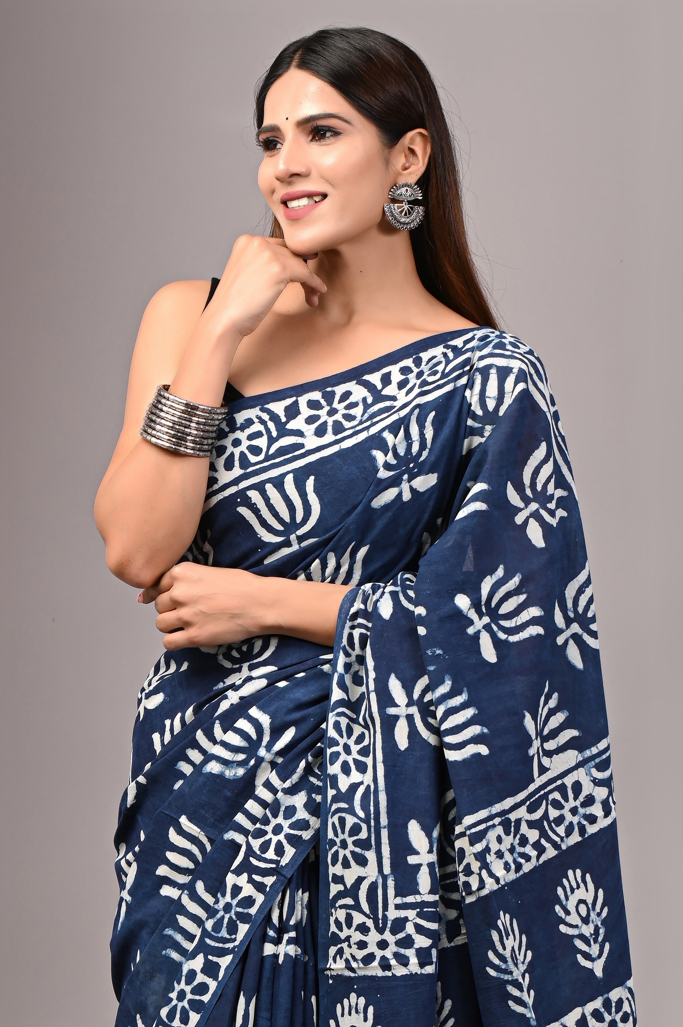 Indigo Blue Hand Printed Cotton Saree