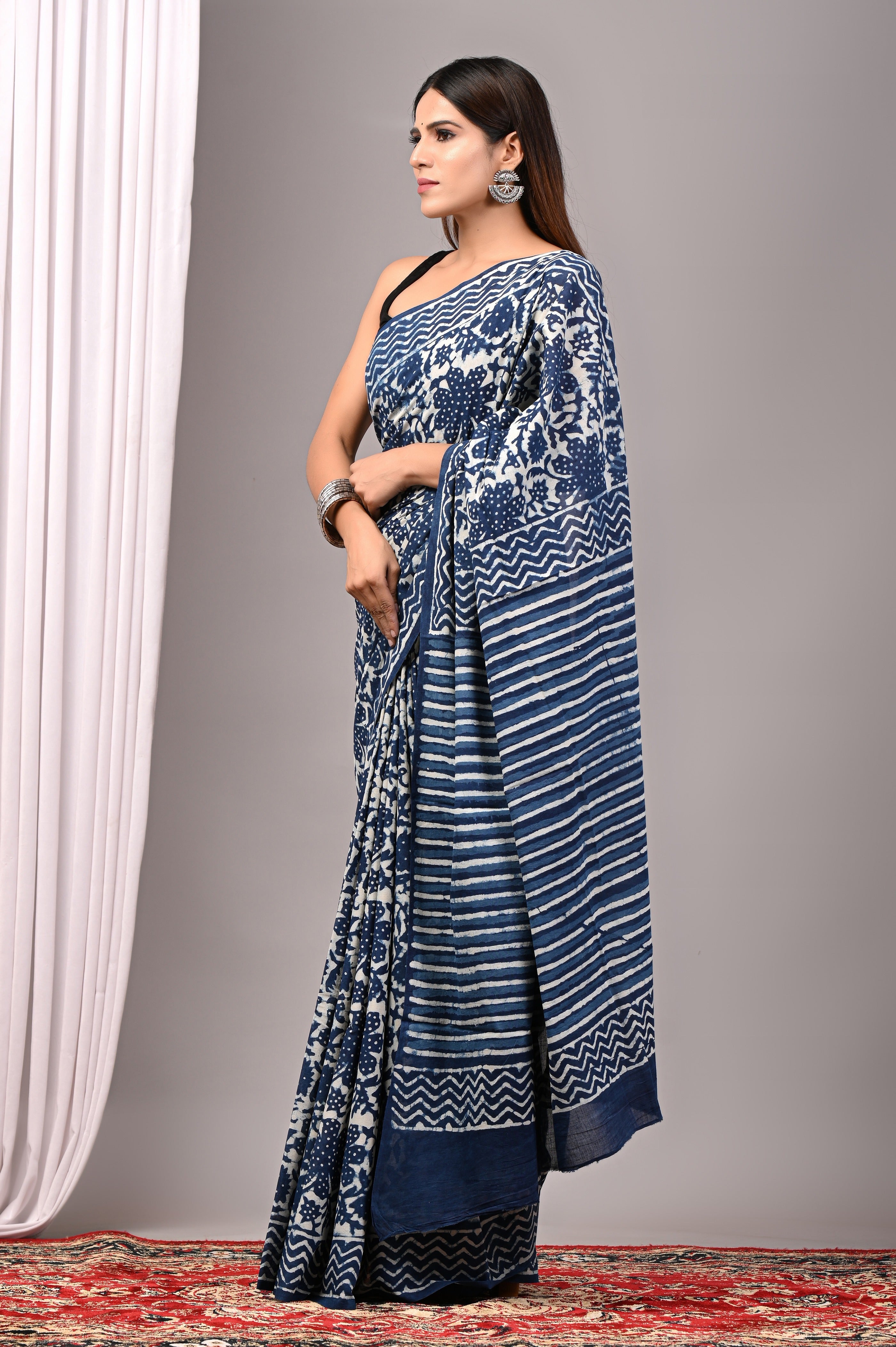 Indigo Blue Hand Printed Cotton Saree