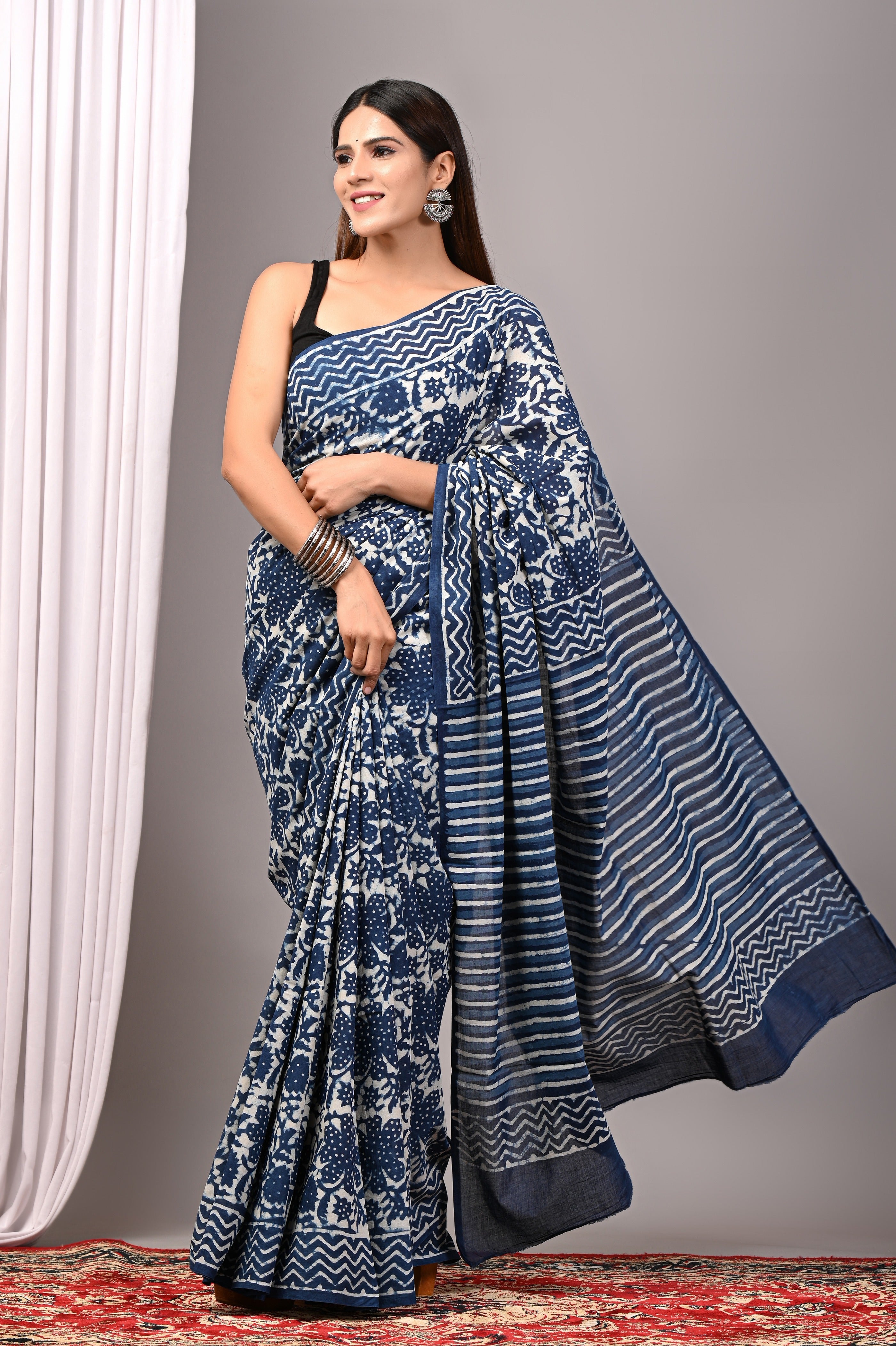 Indigo Blue Hand Printed Cotton Saree