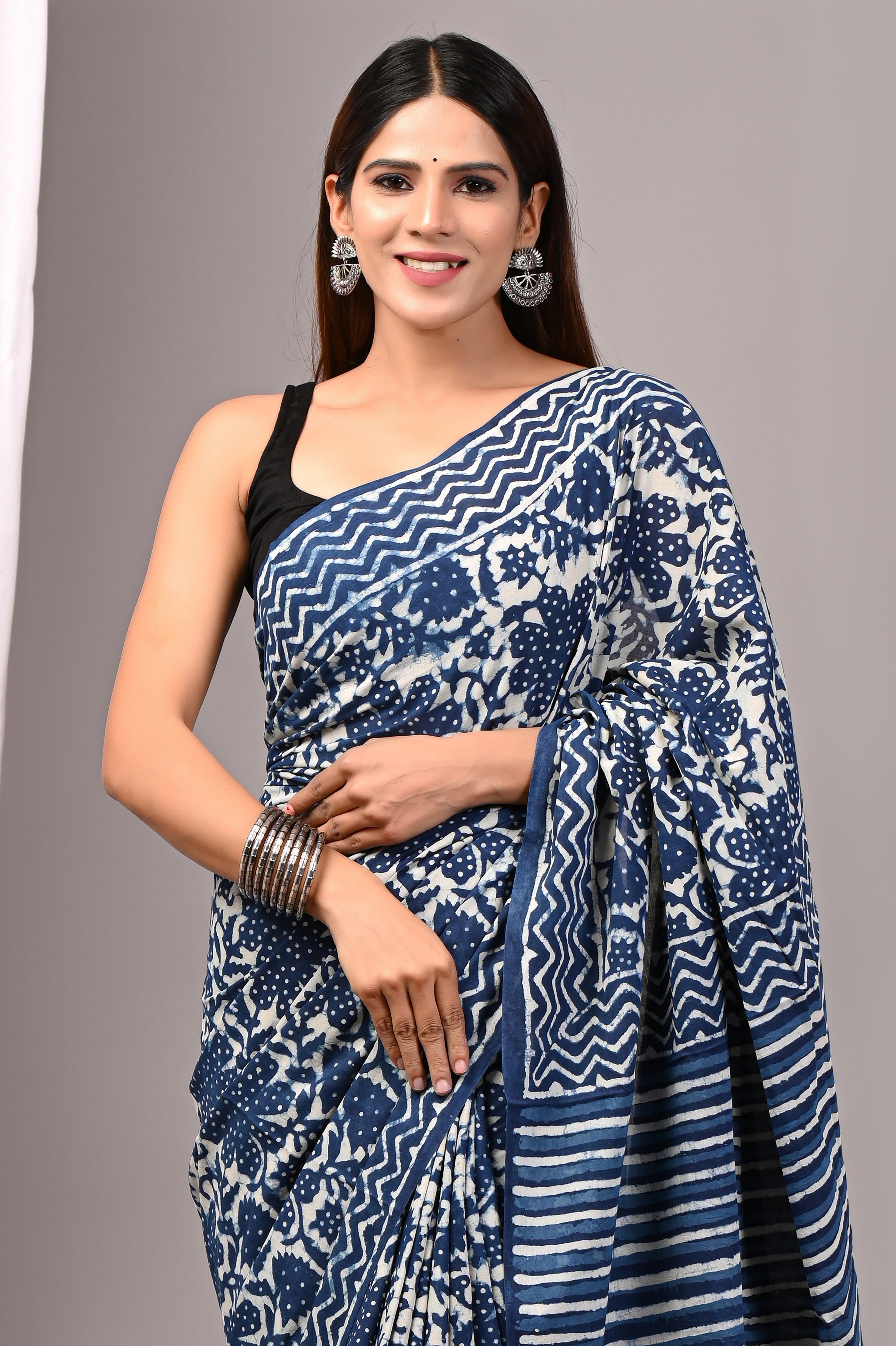 Indigo Blue Hand Printed Cotton Saree