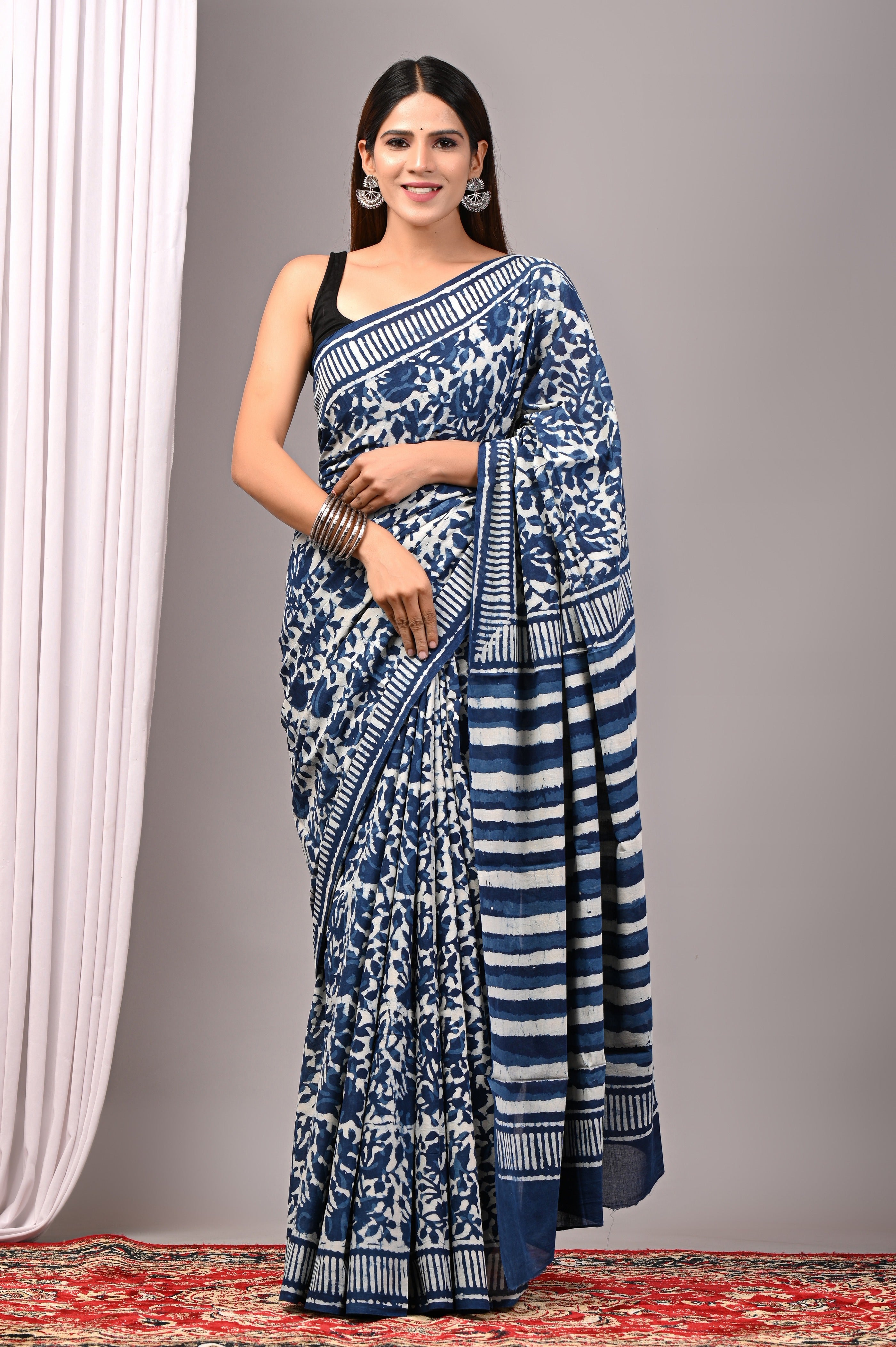 Indigo Blue Hand Printed Cotton Saree