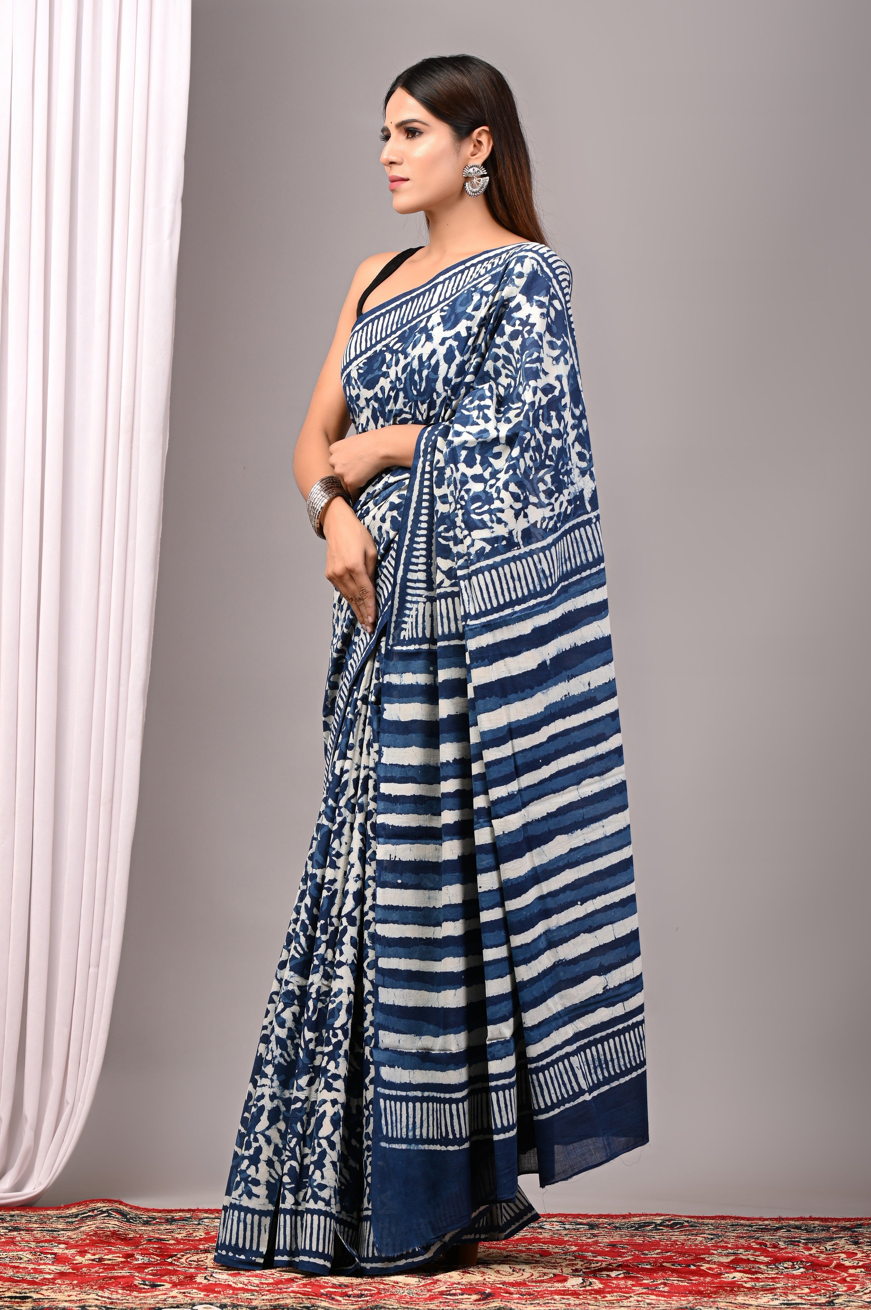 Indigo Blue Hand Printed Cotton Saree