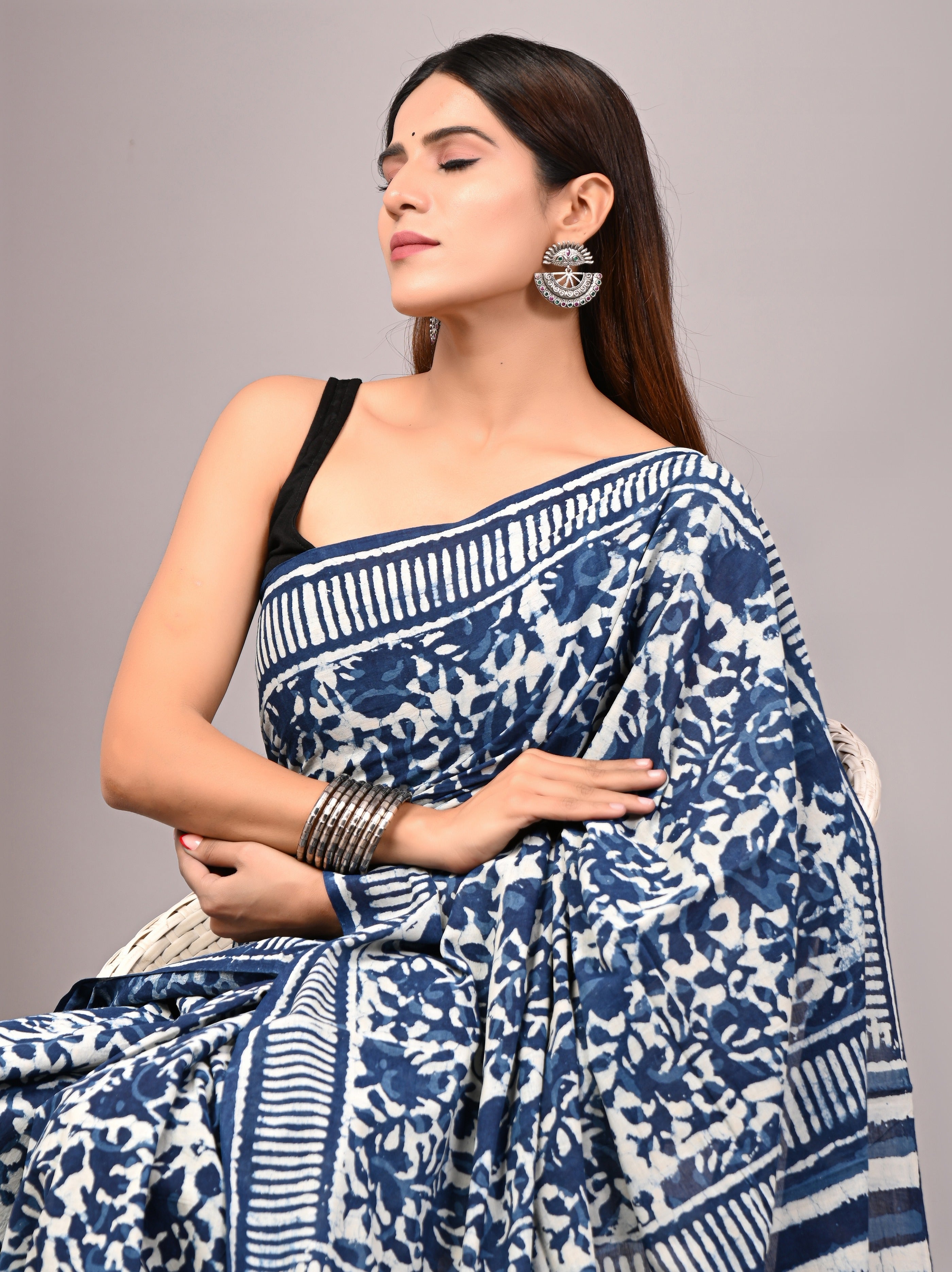 Indigo Blue Hand Printed Cotton Saree