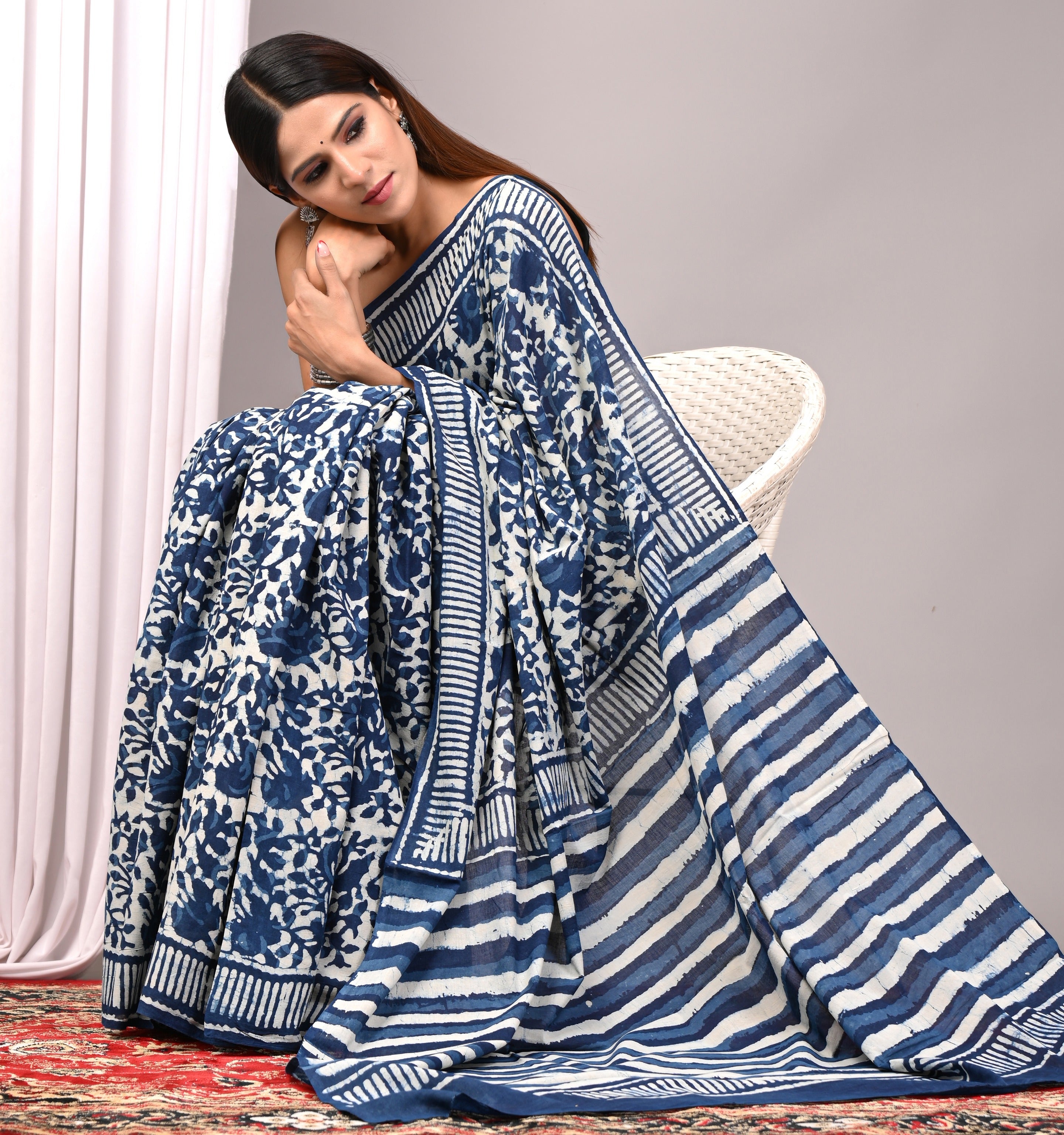 Indigo Blue Hand Printed Cotton Saree