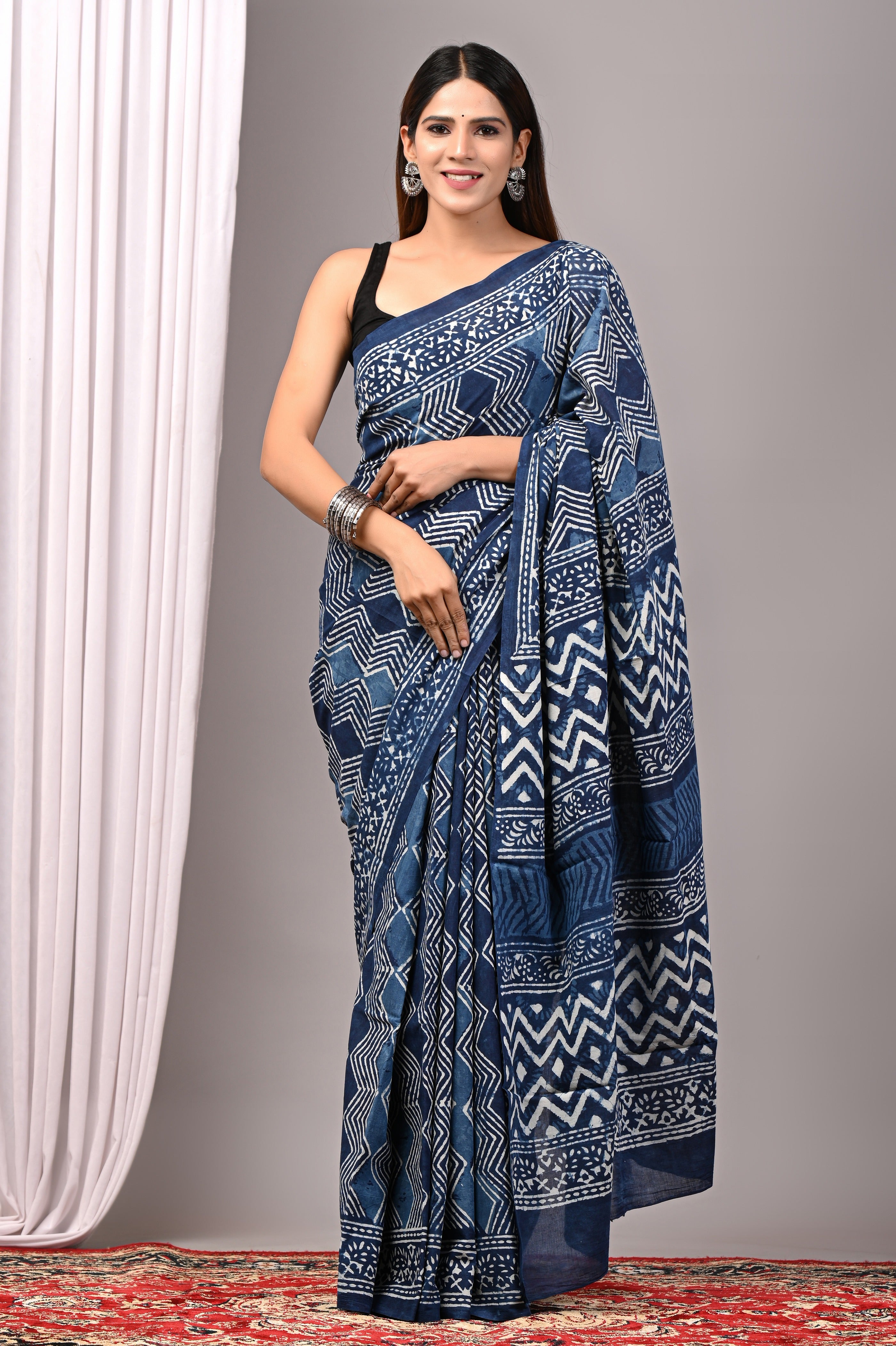 Indigo Blue Hand Printed Cotton Saree