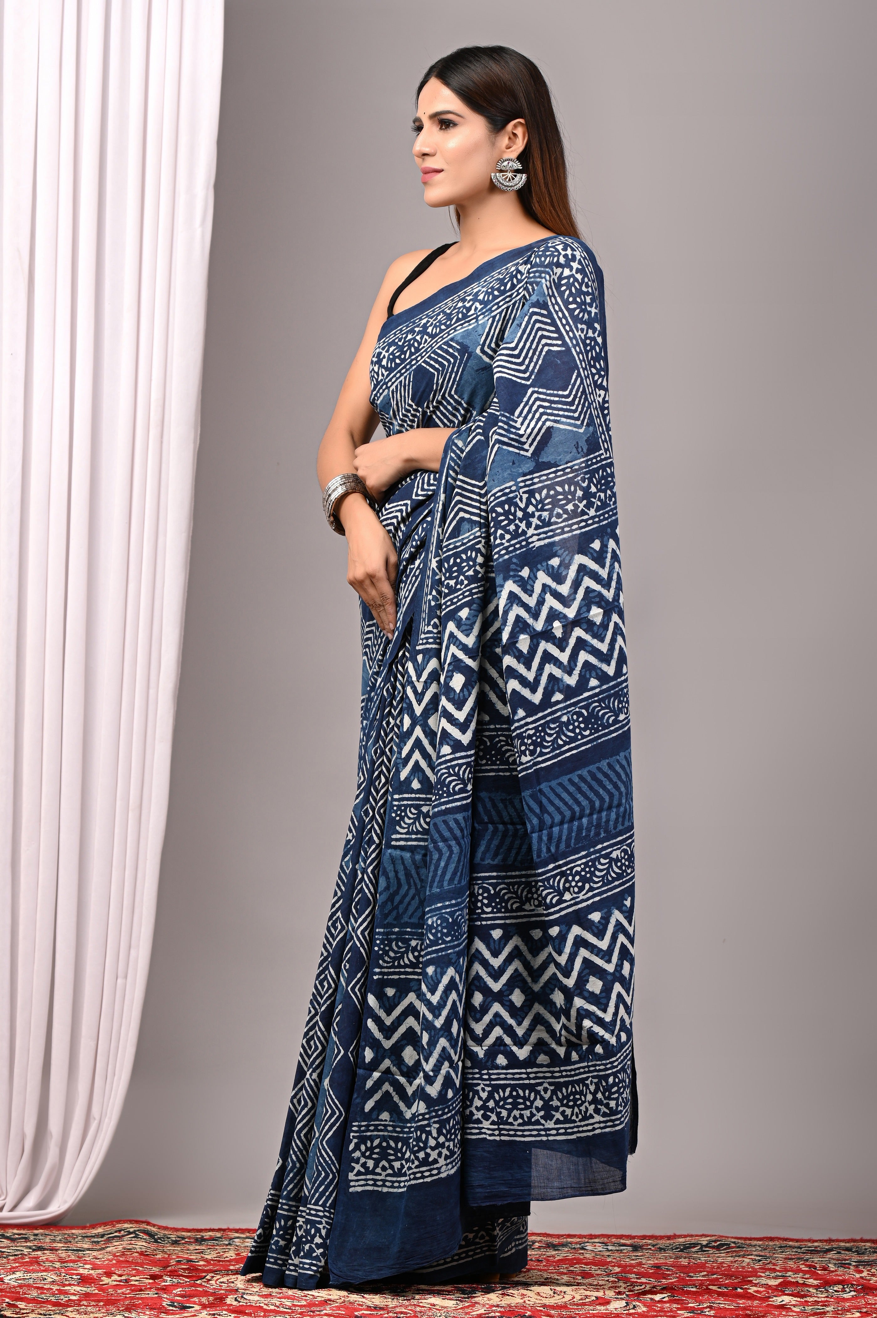 Indigo Blue Hand Printed Cotton Saree