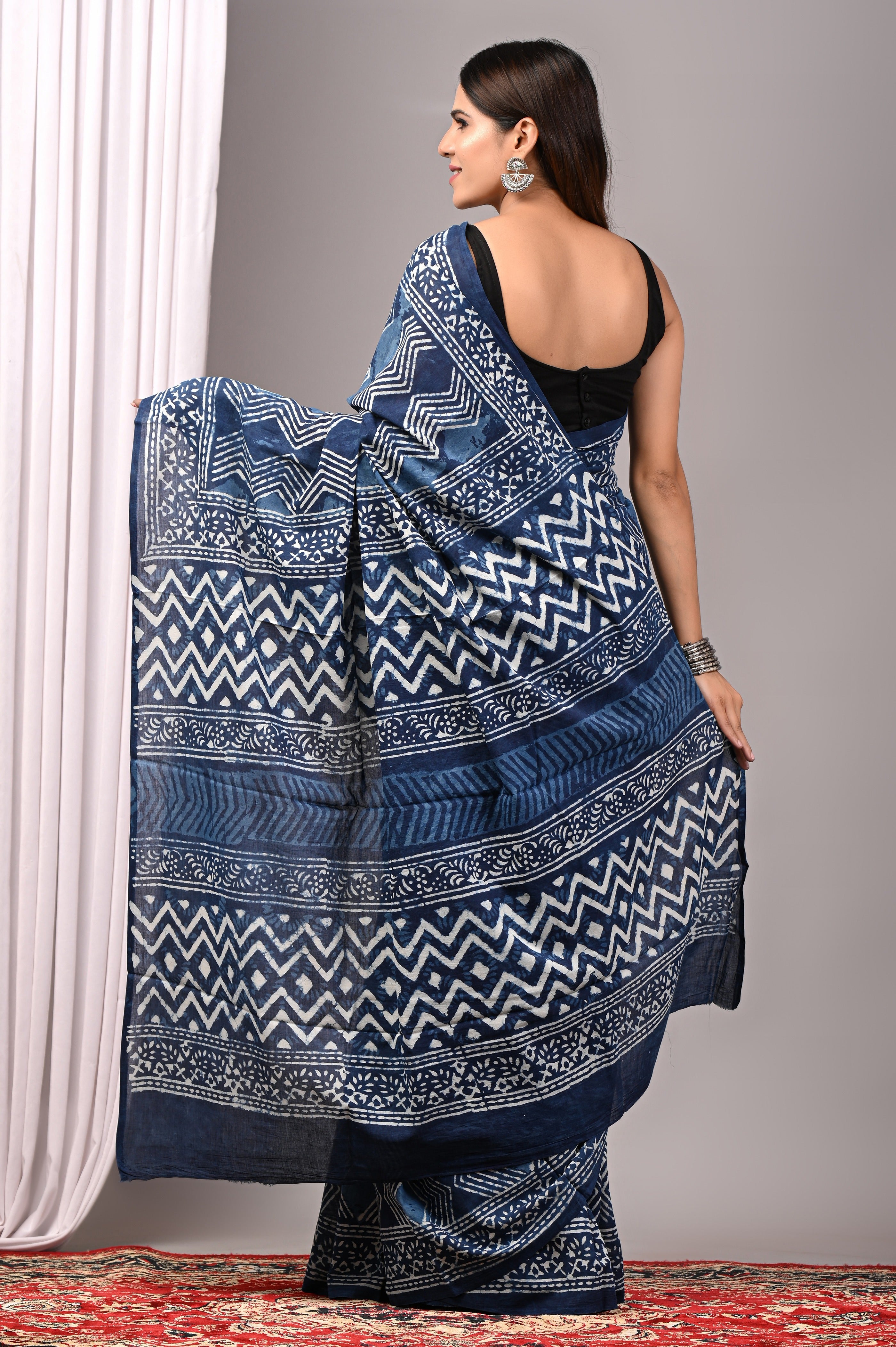 Indigo Blue Hand Printed Cotton Saree
