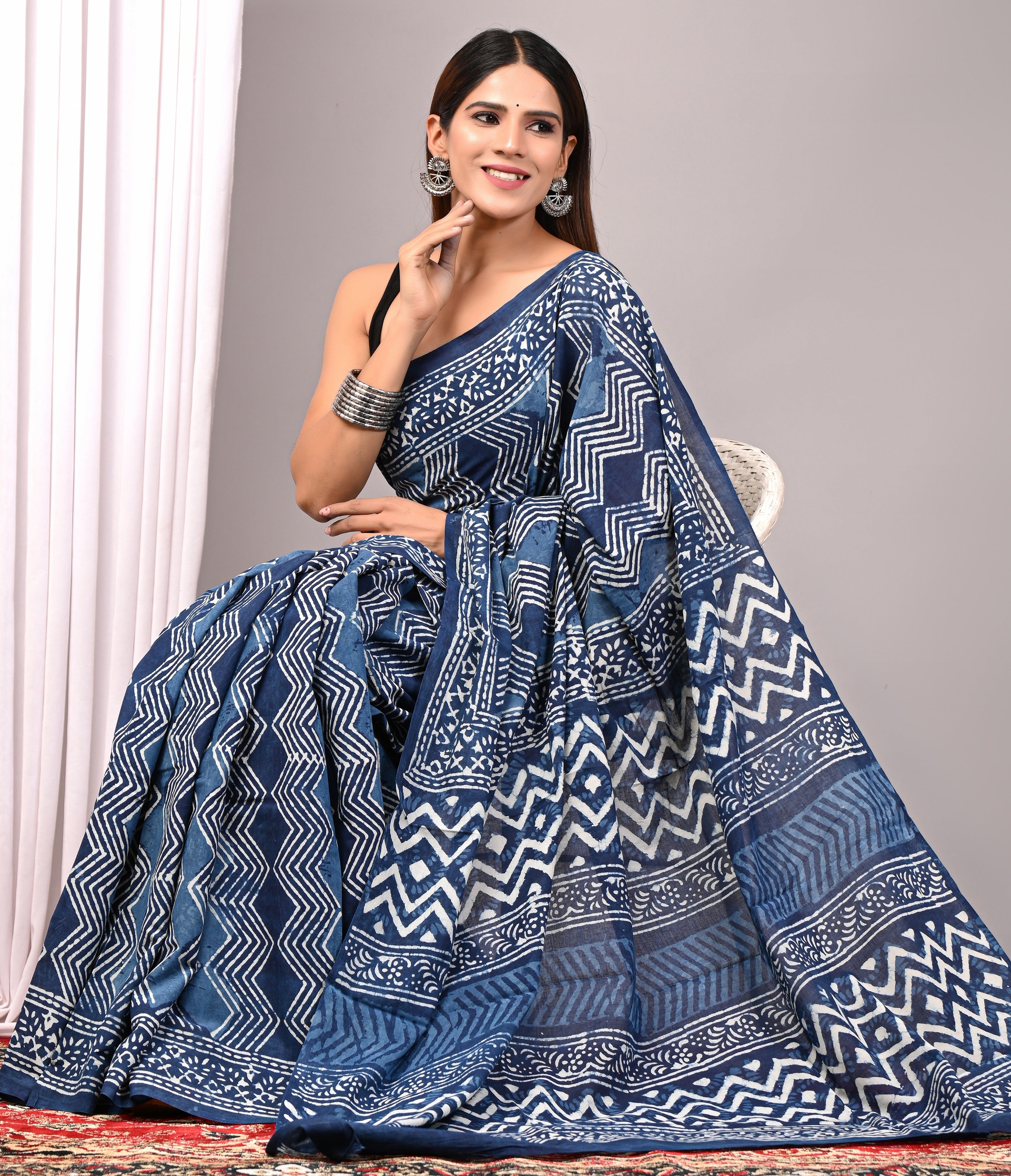 Indigo Blue Hand Printed Cotton Saree