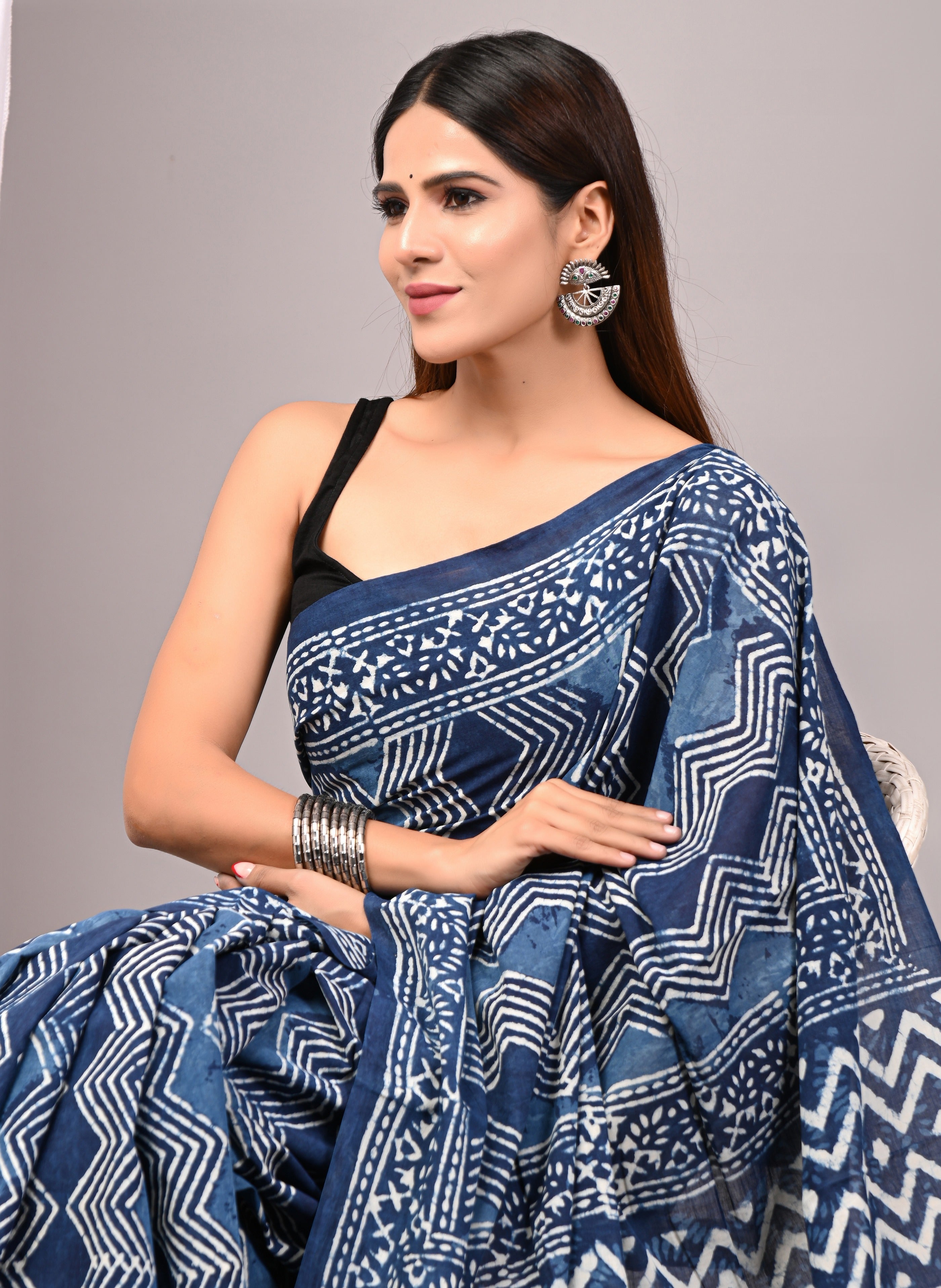 Indigo Blue Hand Printed Cotton Saree