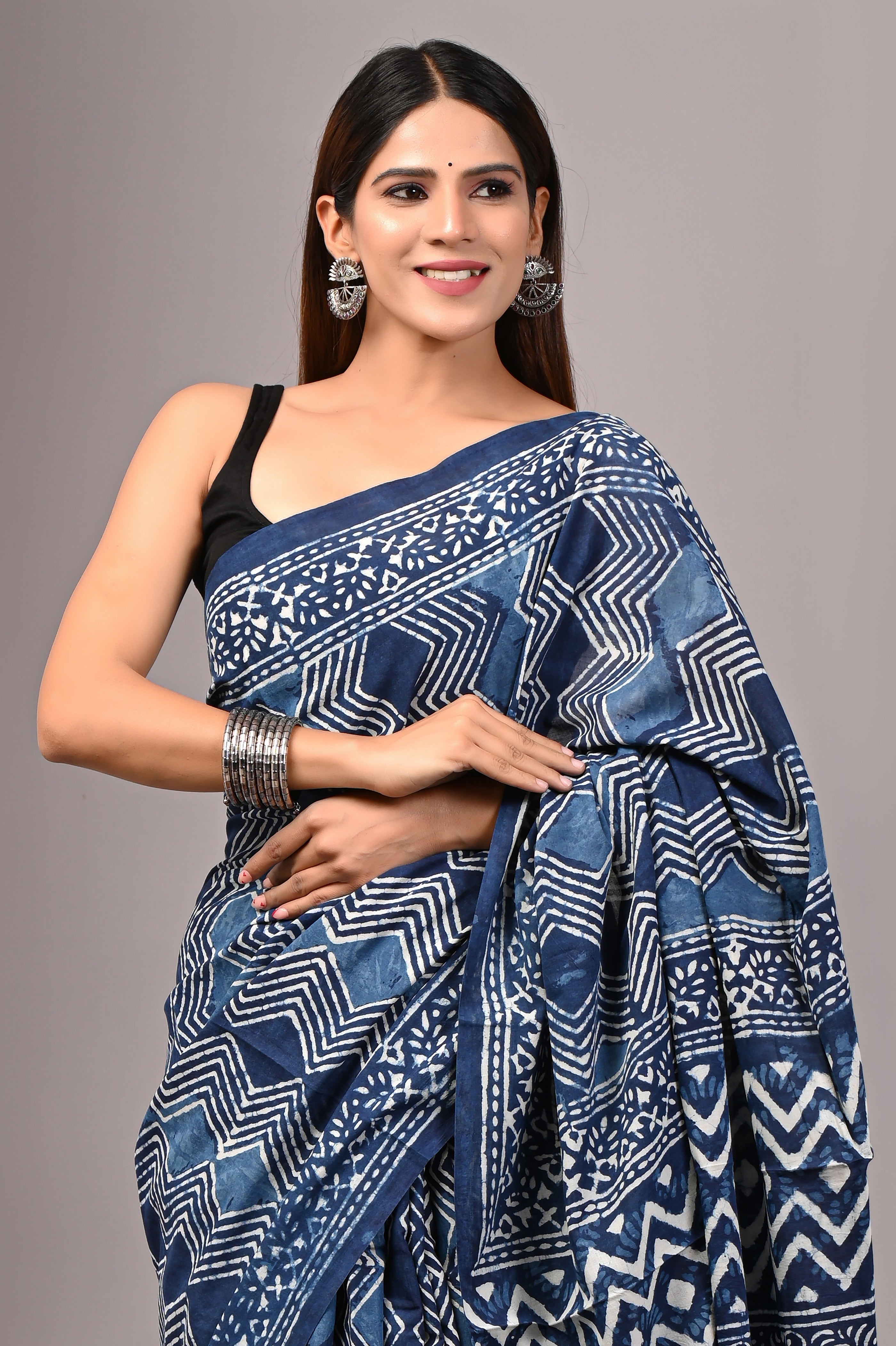 Indigo Blue Hand Printed Cotton Saree