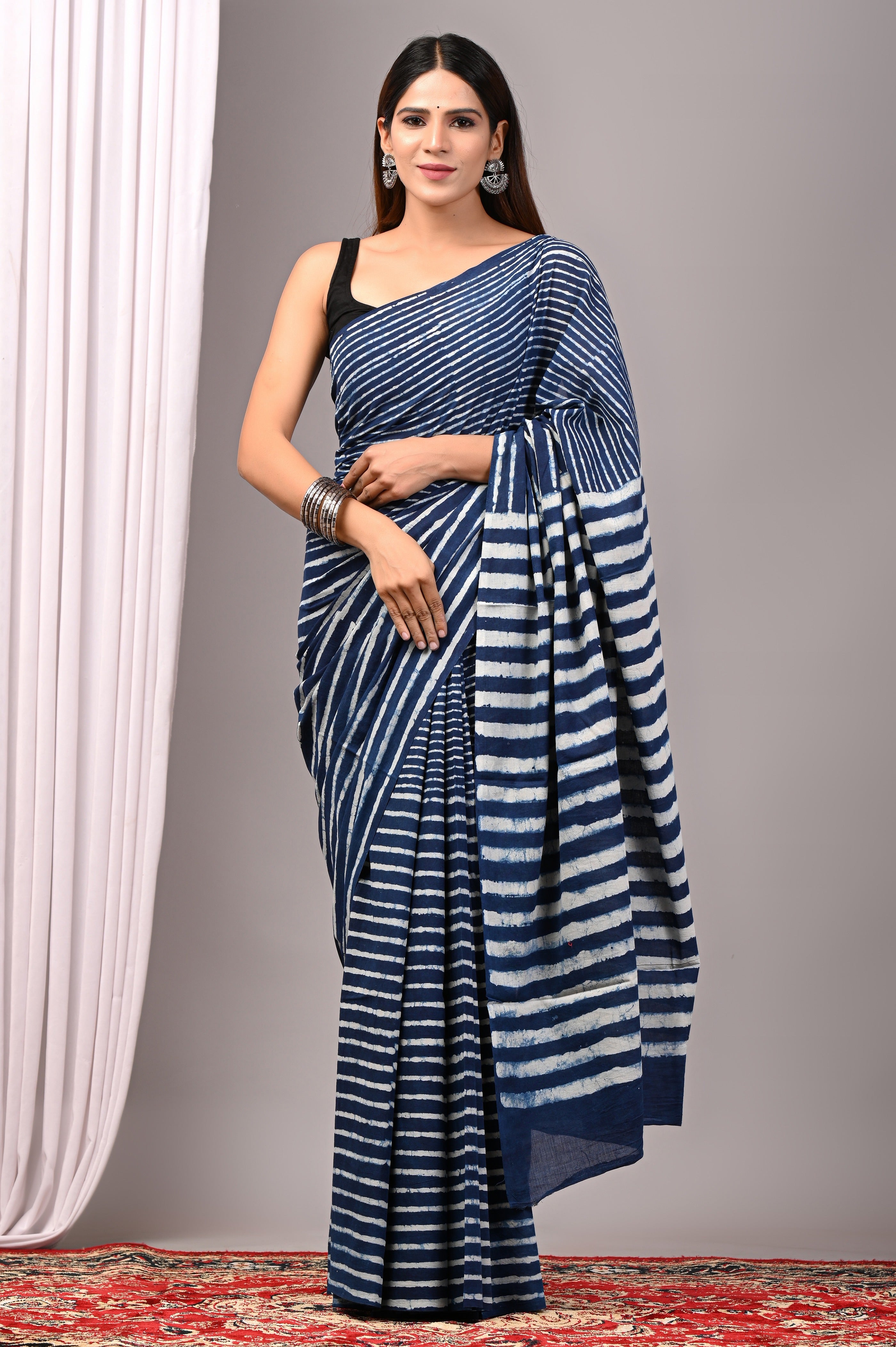 Indigo Blue Striped Hand Printed Cotton Saree