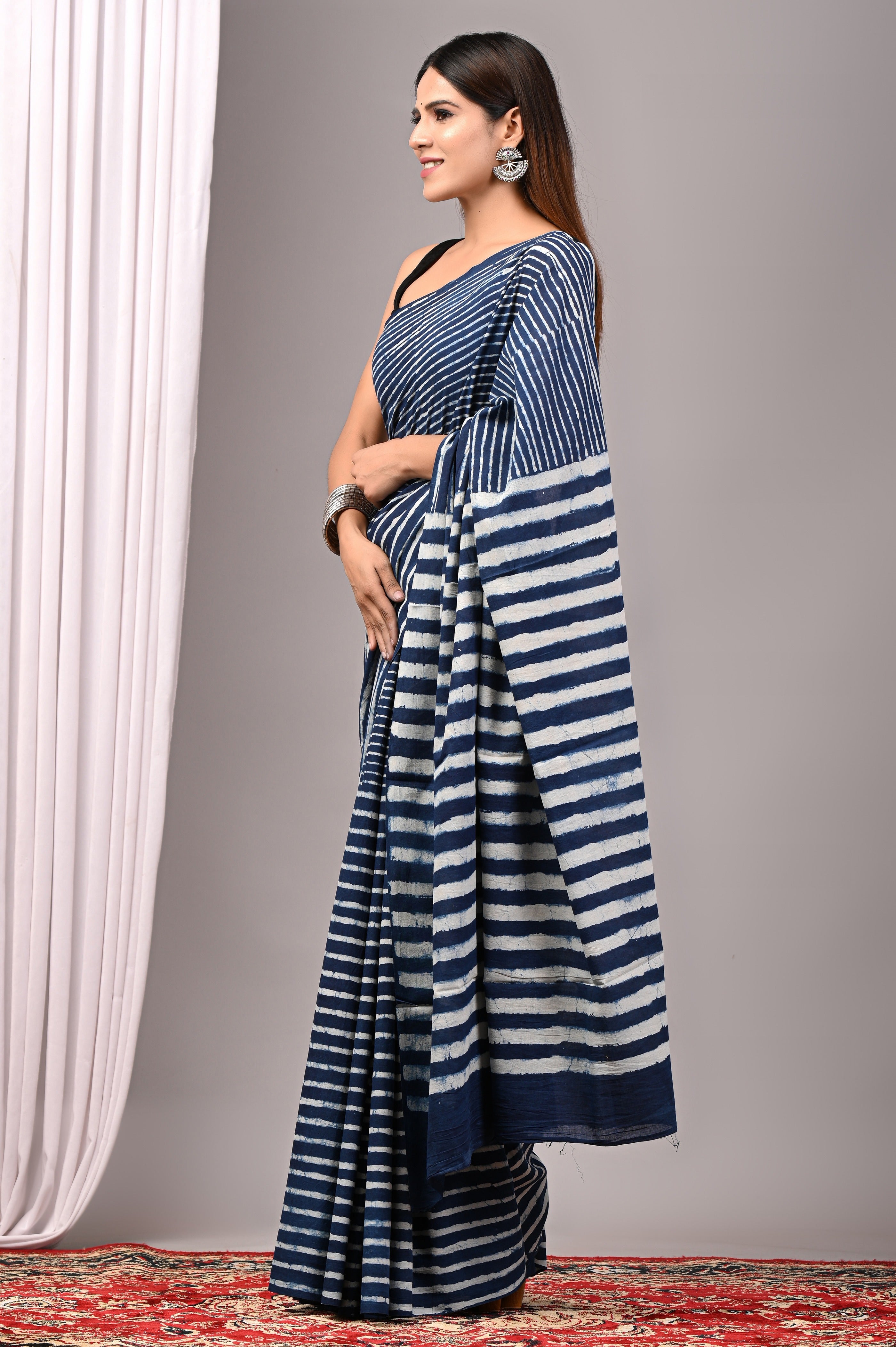Indigo Blue Striped Hand Printed Cotton Saree