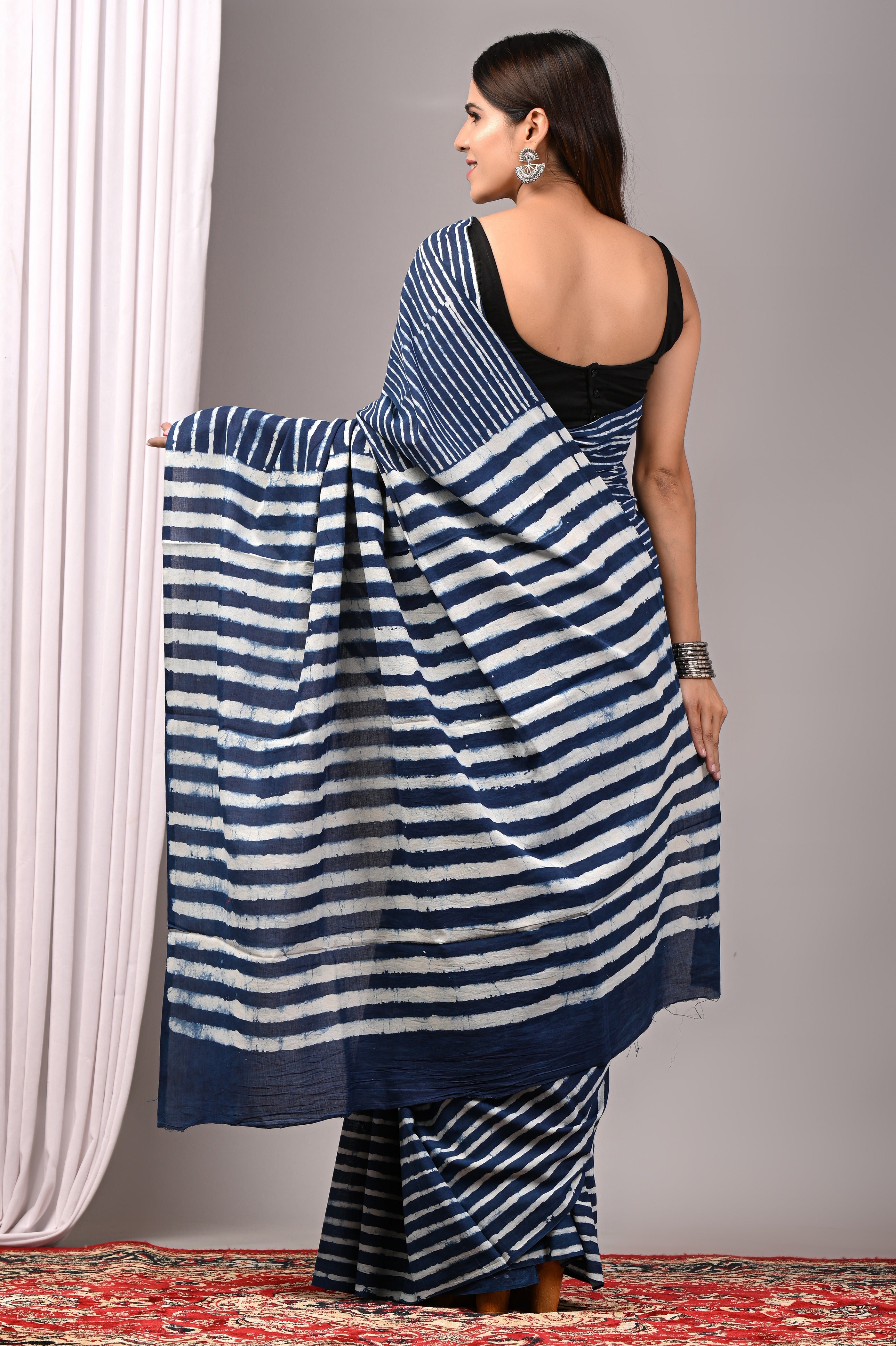 Indigo Blue Striped Hand Printed Cotton Saree
