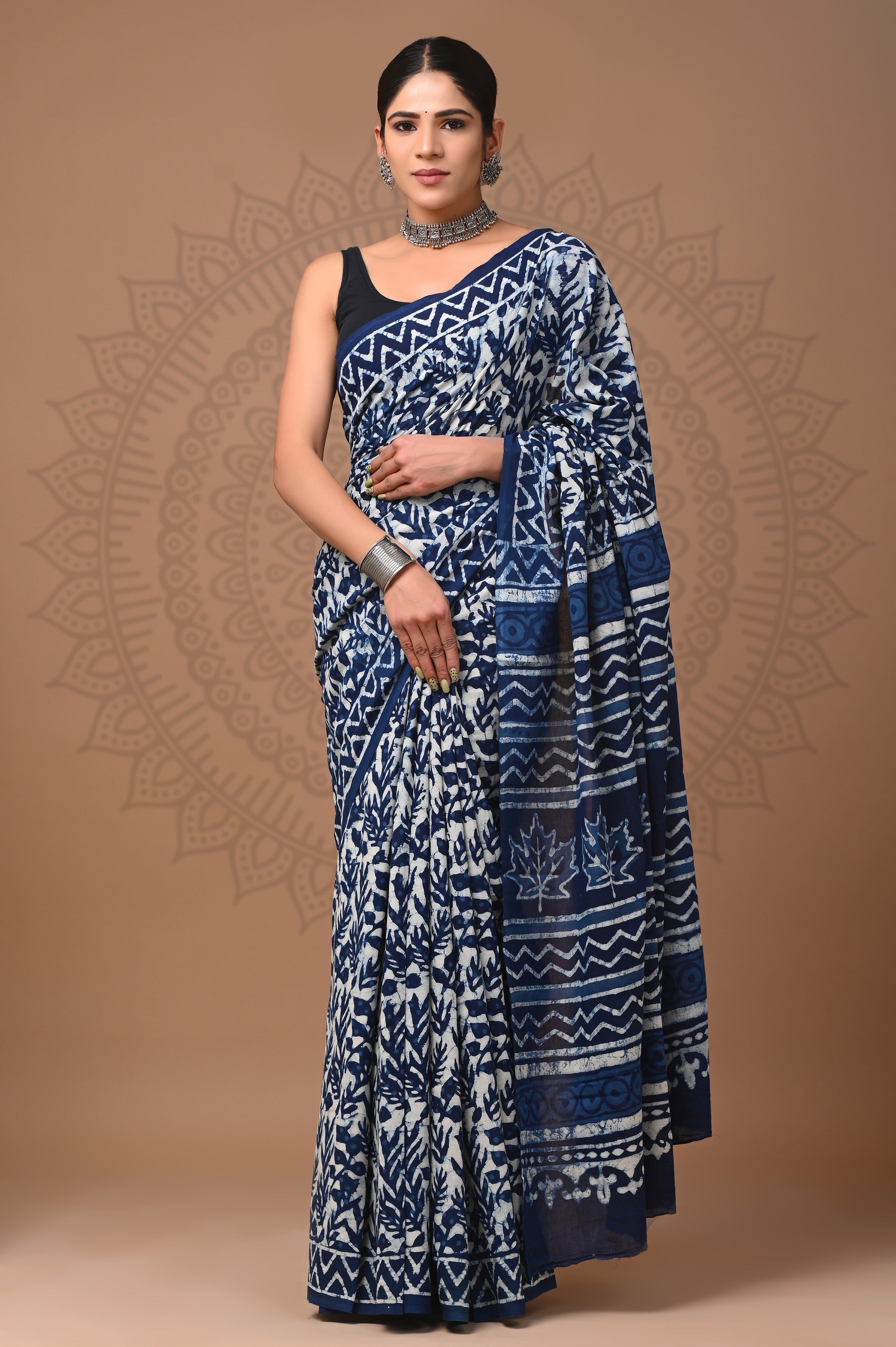 Indigo Blue Hand Printed Cotton Saree
