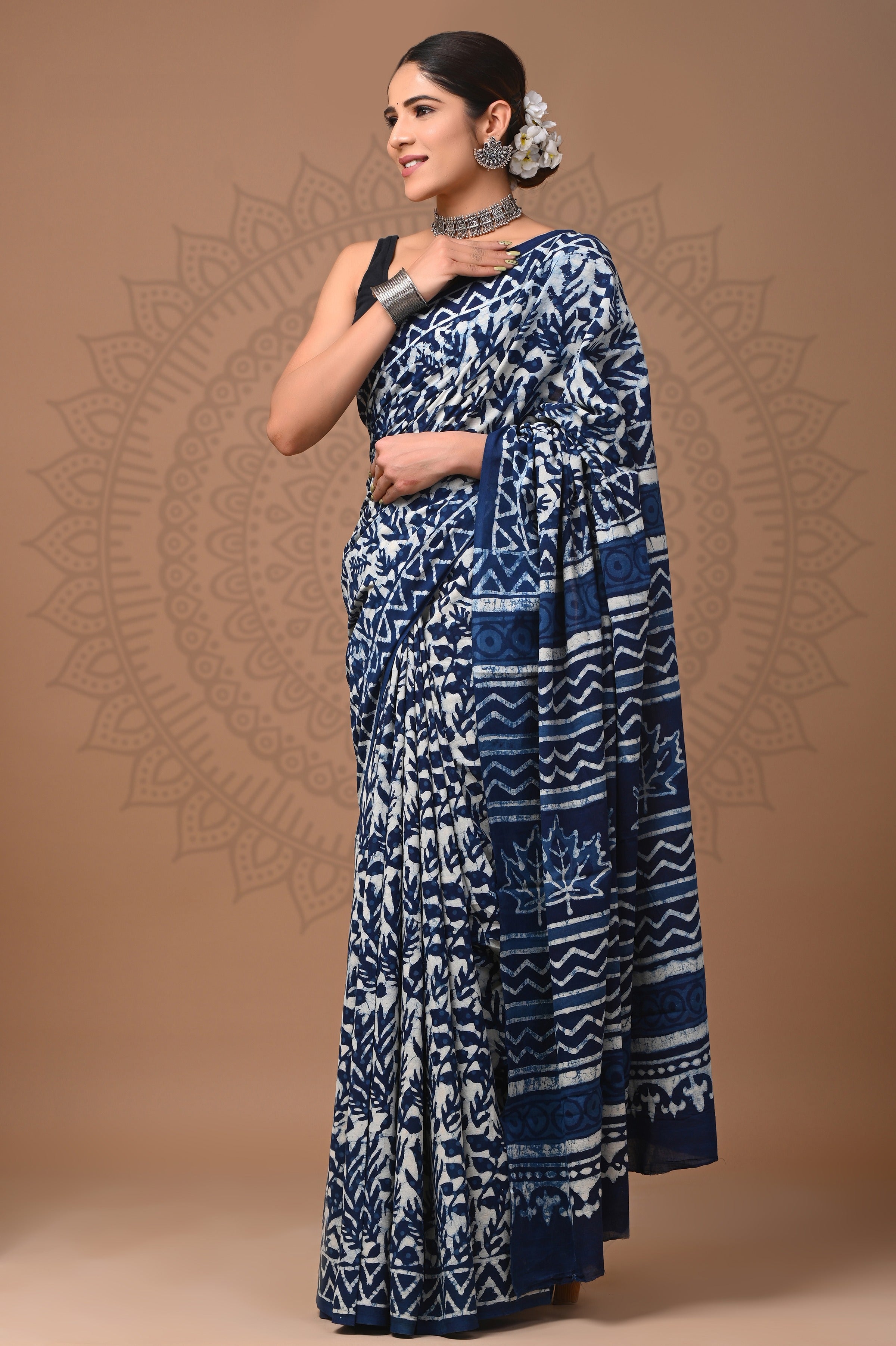 Indigo Blue Hand Printed Cotton Saree