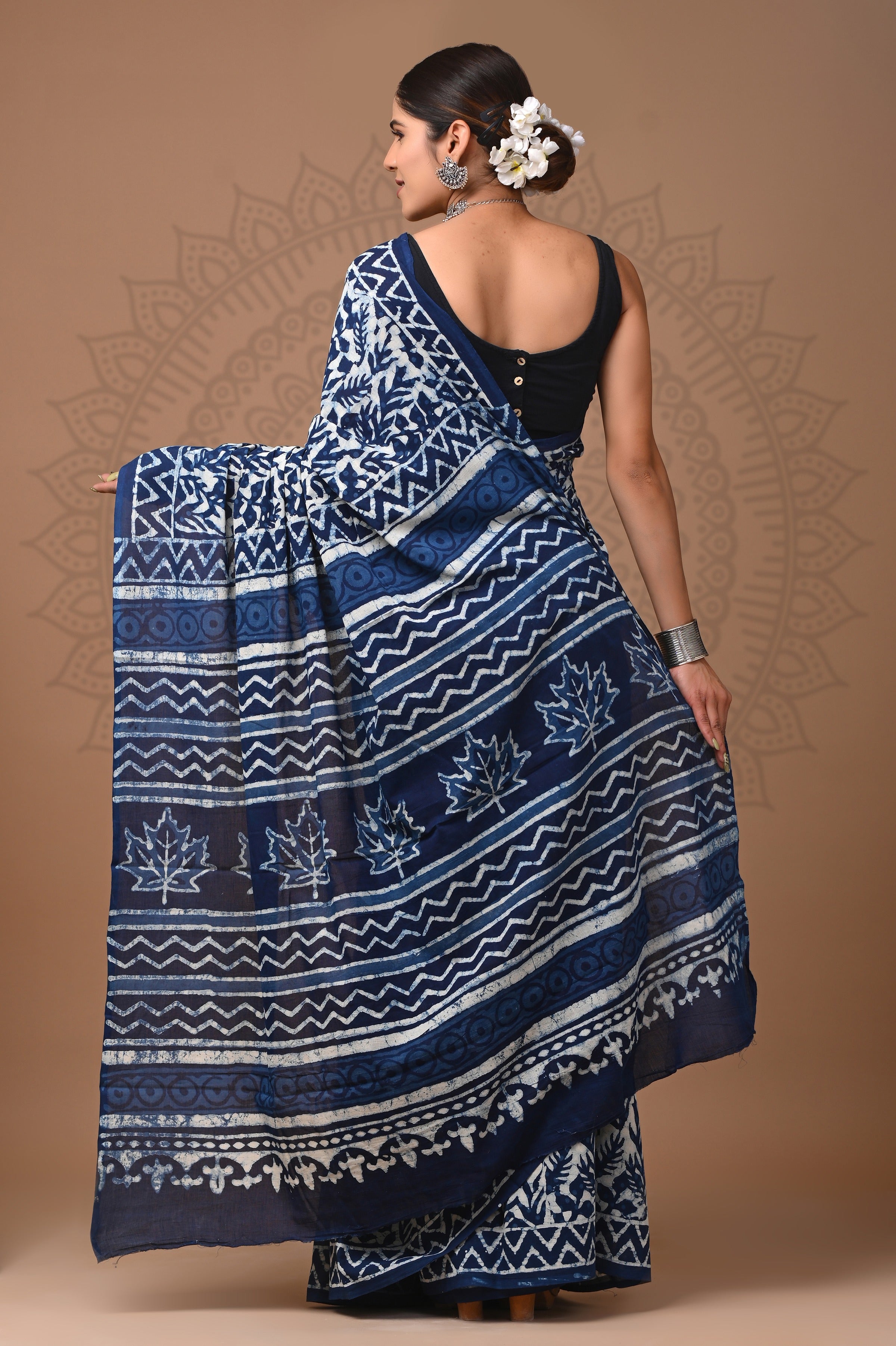Indigo Blue Hand Printed Cotton Saree