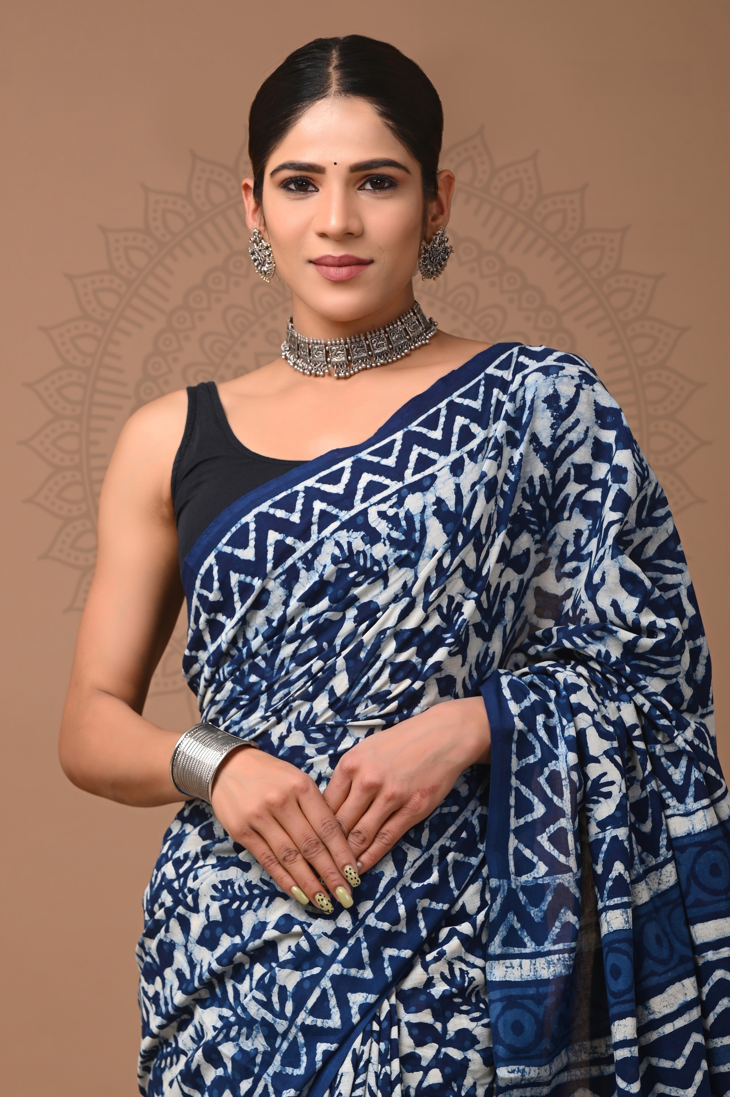 Indigo Blue Hand Printed Cotton Saree