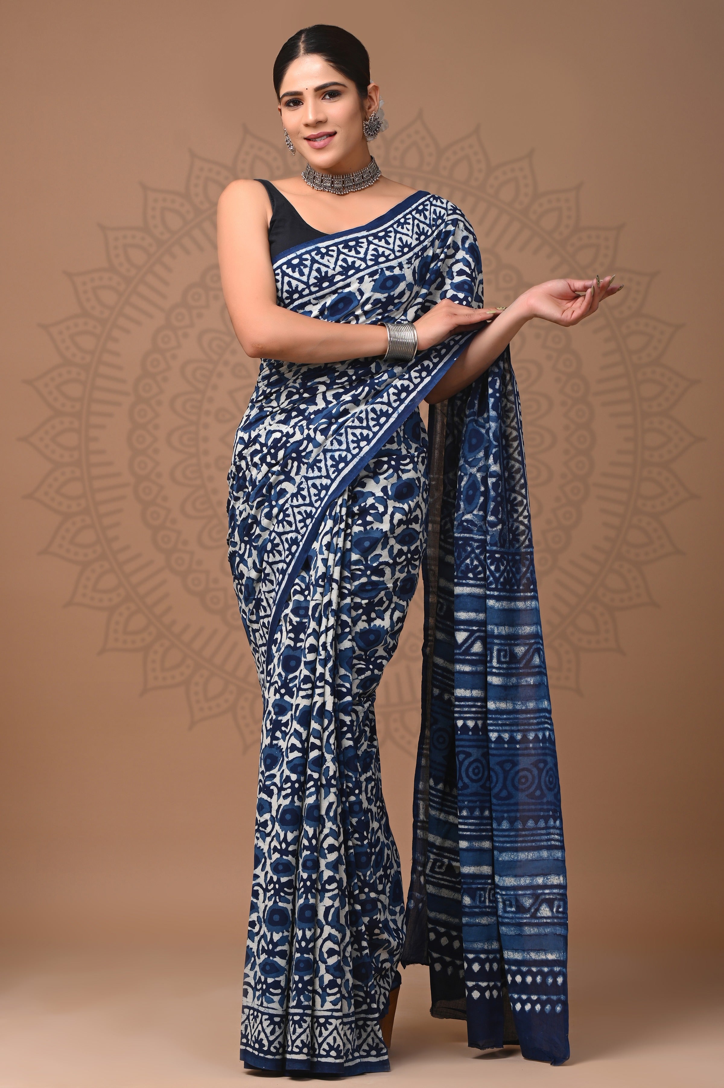 Indigo Blue Hand Printed Cotton Saree