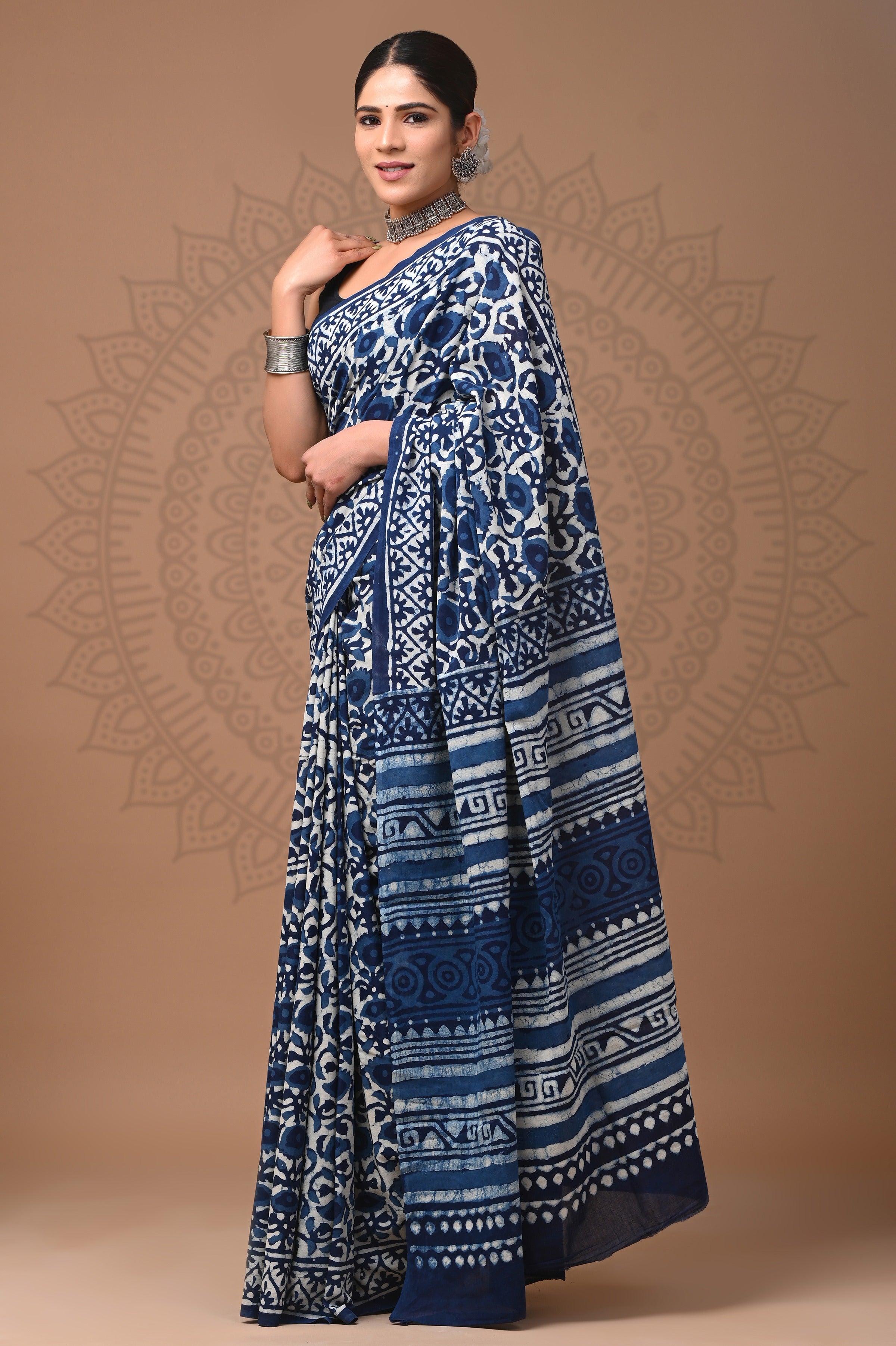 Indigo Blue Hand Printed Cotton Saree