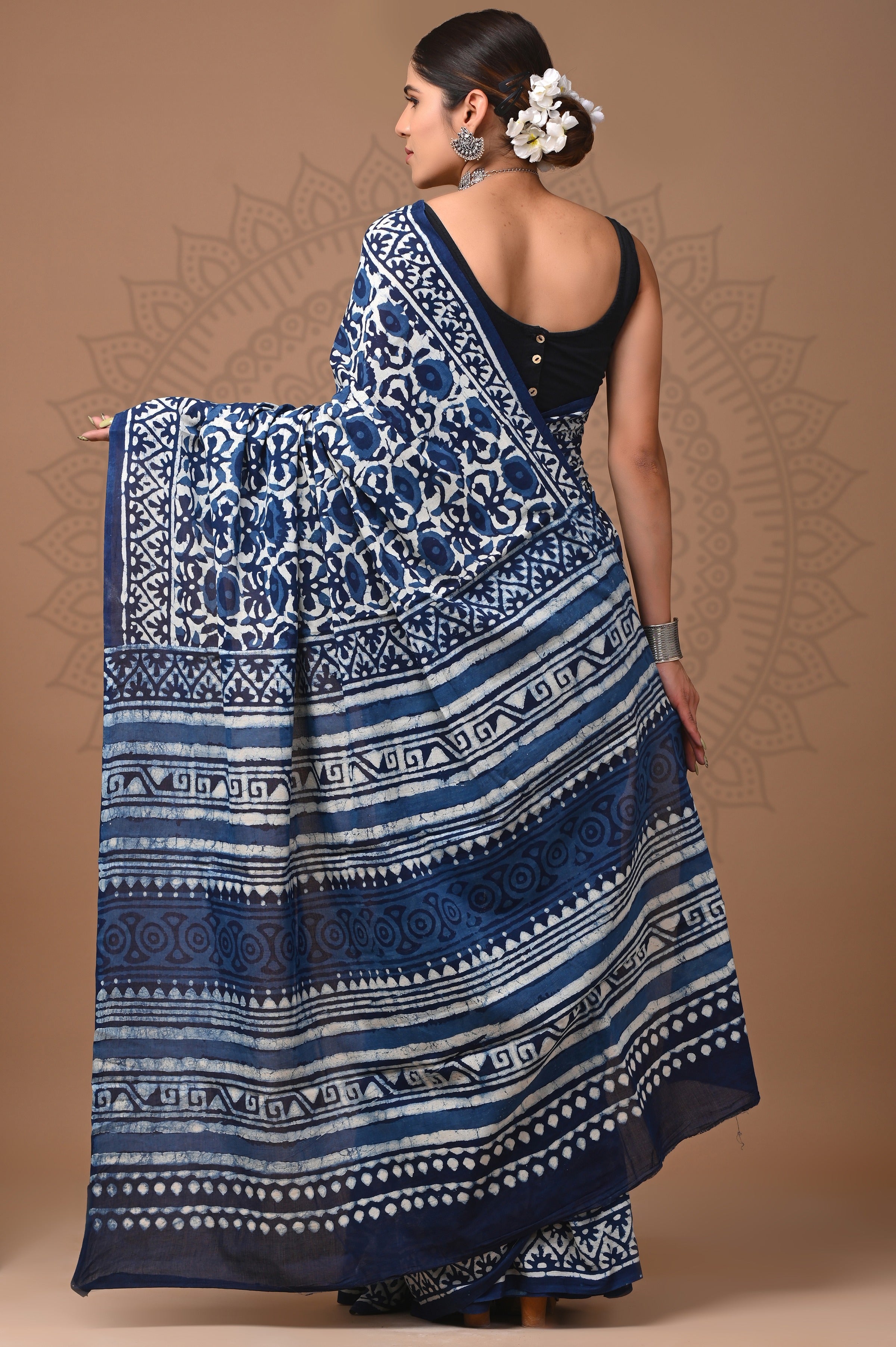 Indigo Blue Hand Printed Cotton Saree
